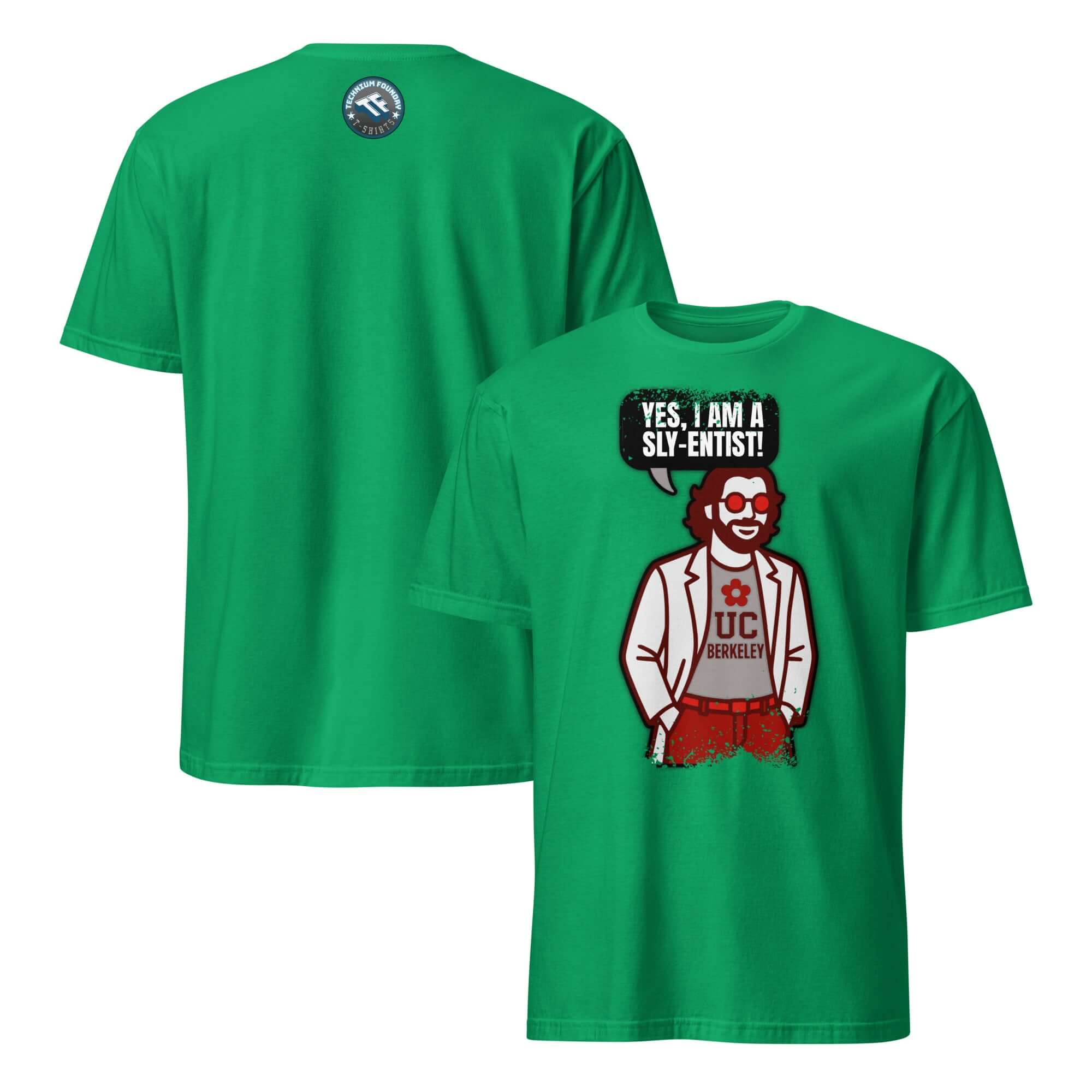 Green 'Yes I Am A Sly-entist' scientist t-shirt with cartoon graphic on back, celebrating quirky academic humor.