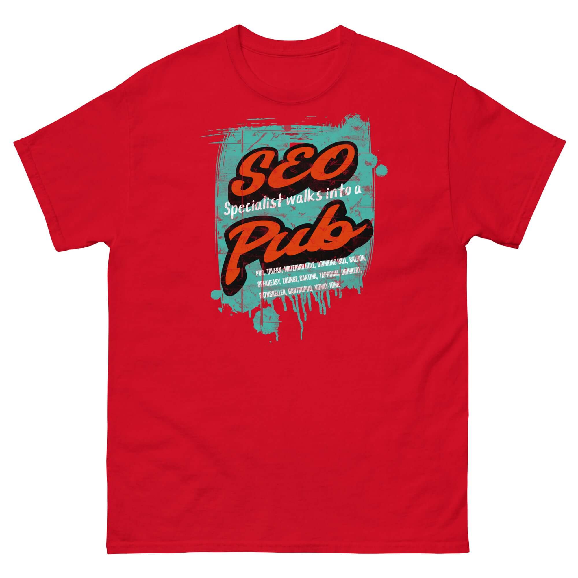 Red "SEO Specialist Walks Into a Pub" t-shirt with humorous digital marketing graphic for SEO enthusiasts.