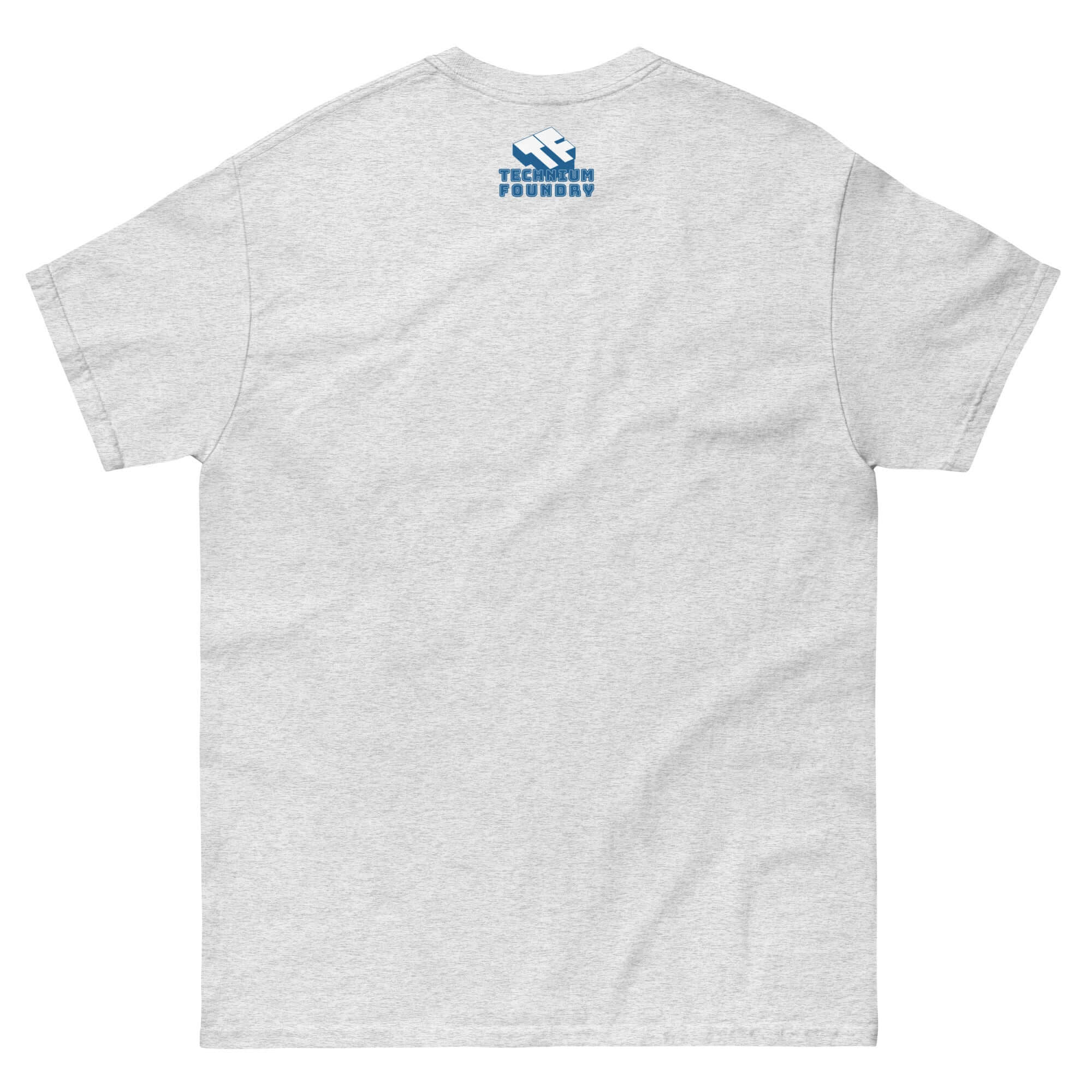 Back view of gray 'SEO Specialist Walks Into a Pub' T-shirt, featuring digital marketing humor design and tech-themed logo.