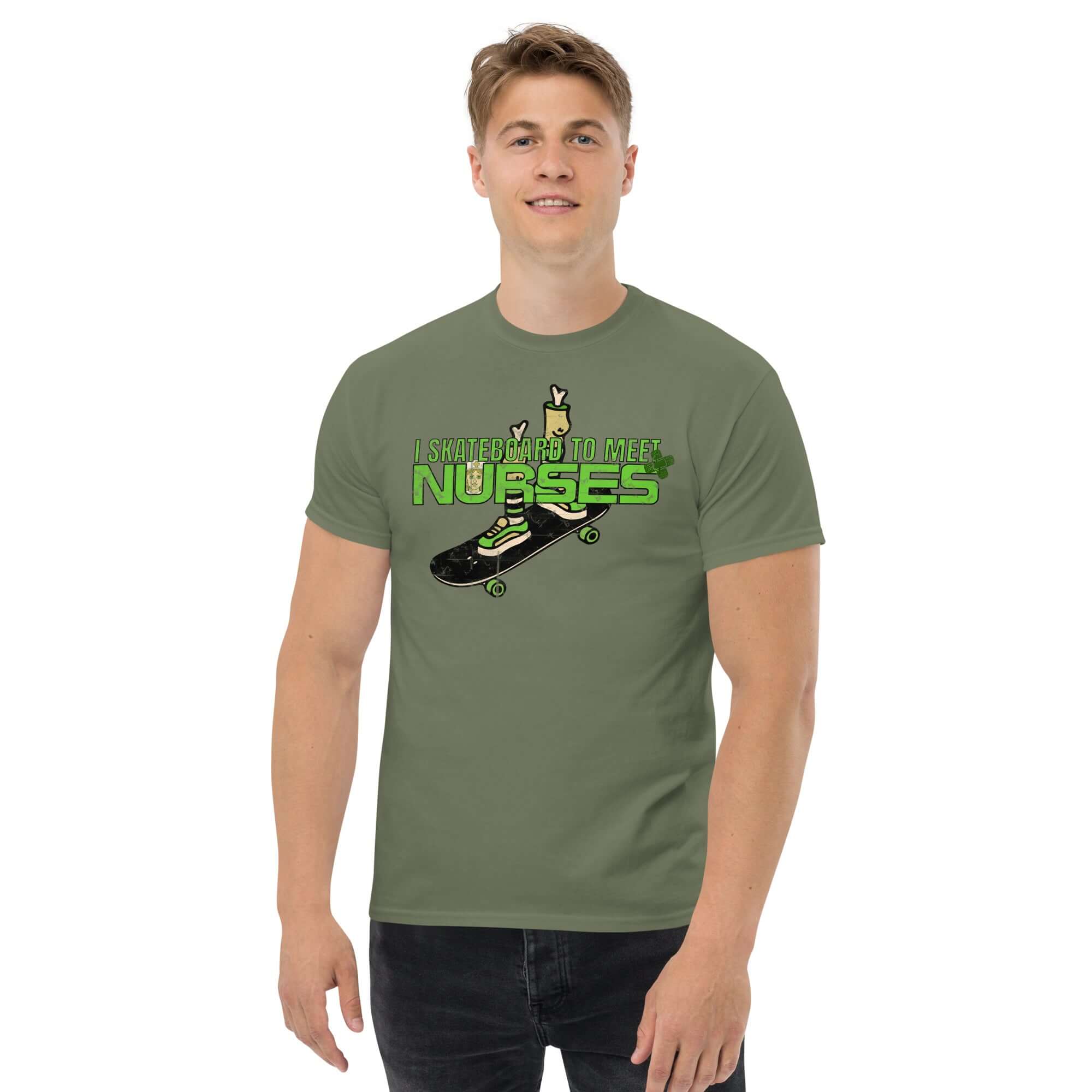 Man wearing 'I Skateboard To Meet Nurses' t-shirt with humorous emergency room theme, showcasing skateboarding and healthcare humor.