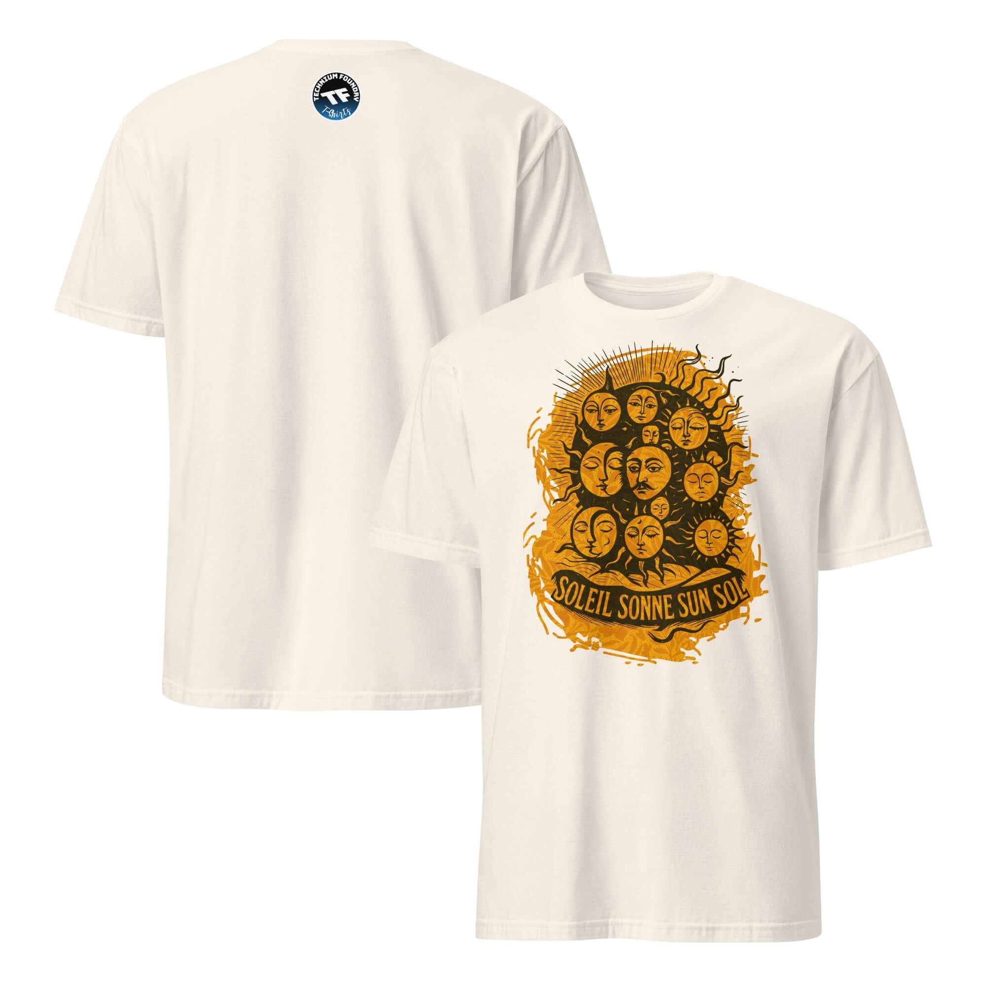 Soleil Sonne Sun Sol T-Shirt featuring international sun worship design on white fabric.