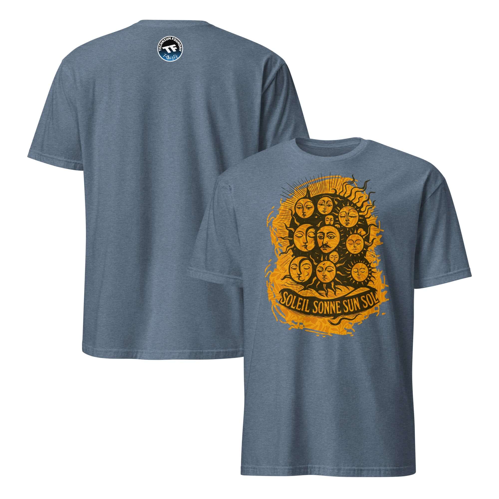Blue t-shirt featuring multilingual sun design for international solar appreciation, text: SOLEIL SONNE SUN SOL.