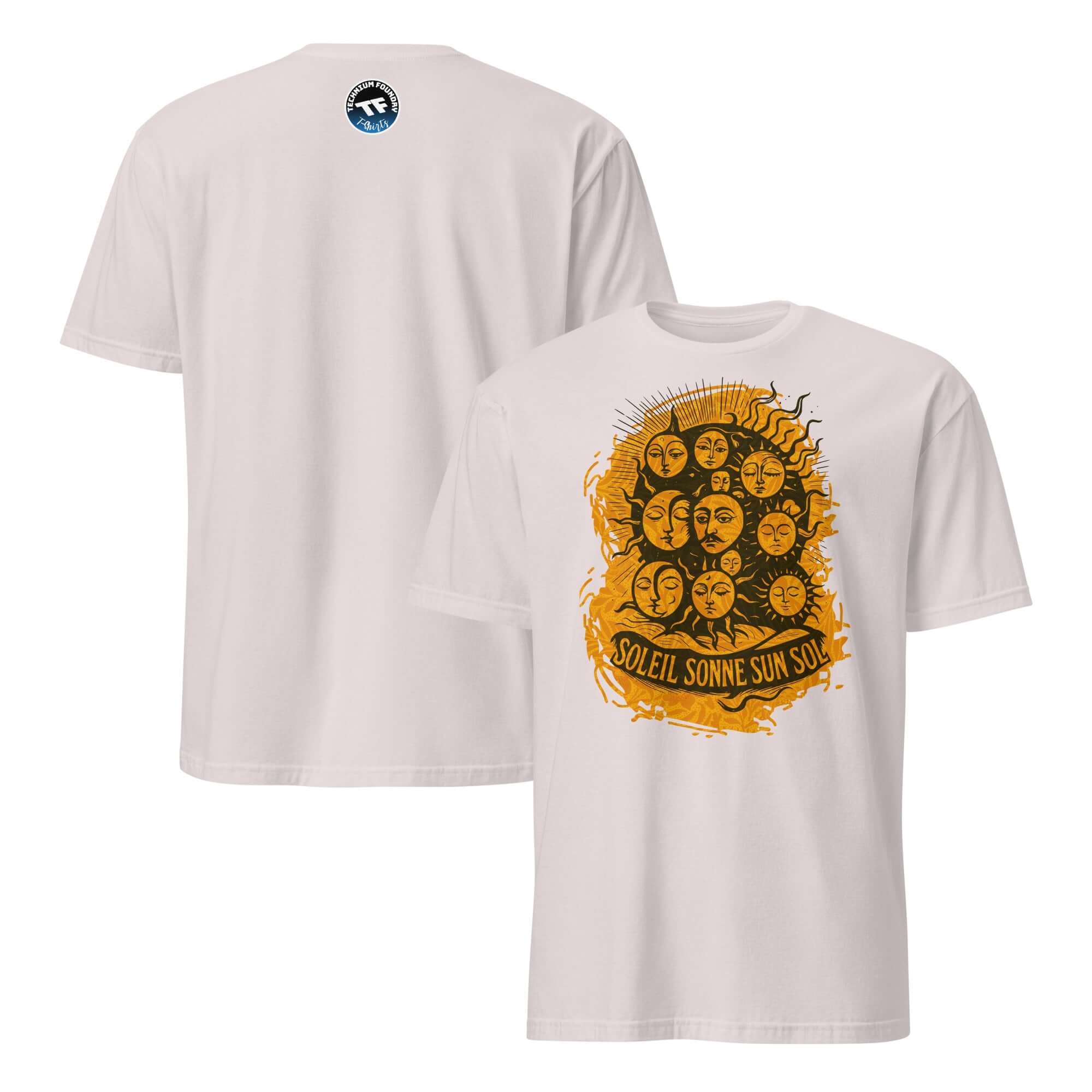 White T-shirt featuring 'Soleil Sonne Sun Sol' international sun worship design, celebrating global solar appreciation.