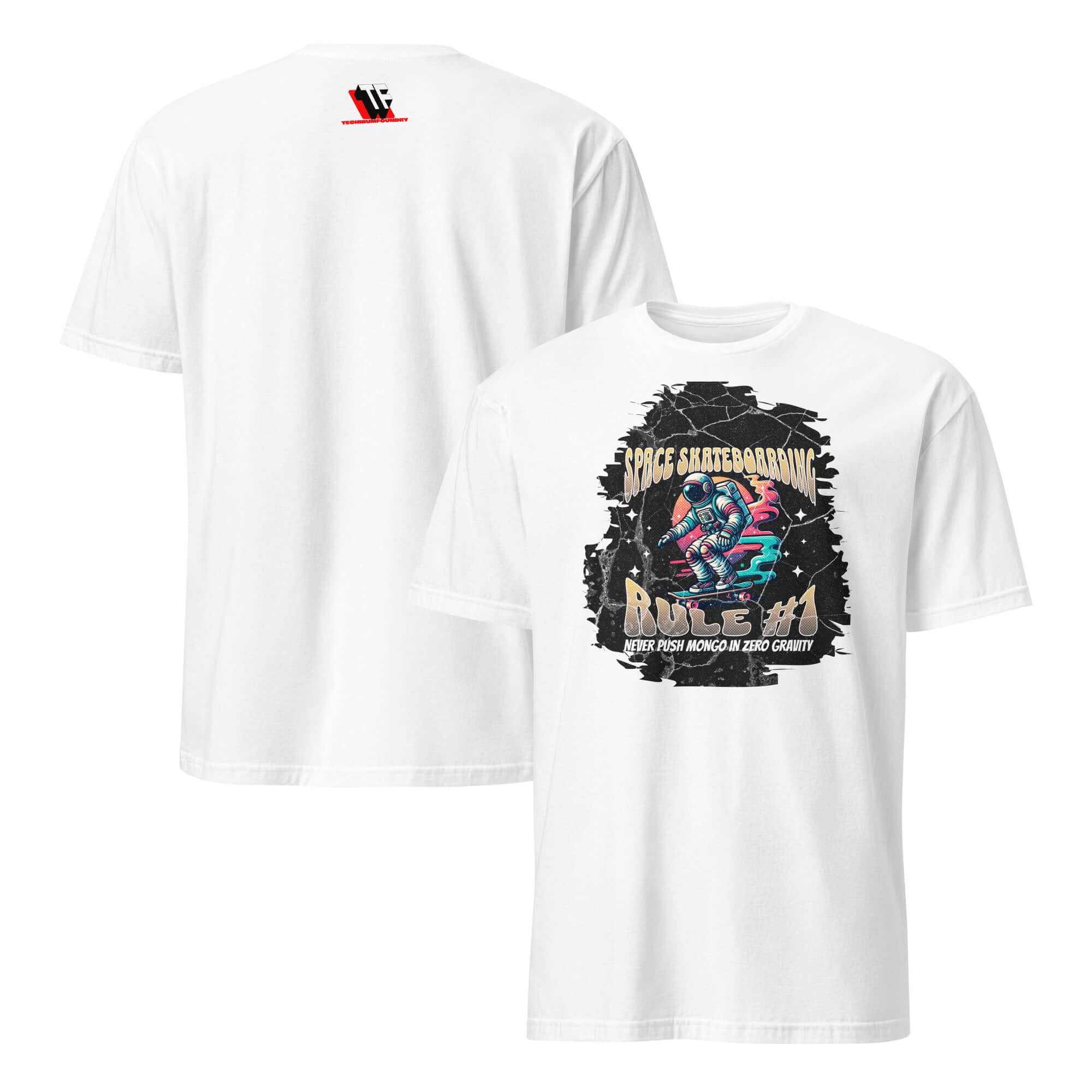 White t-shirt with 'Space Skateboarding Rule #1' design, featuring an astronaut skateboarding in neon colors, cosmic humor theme.