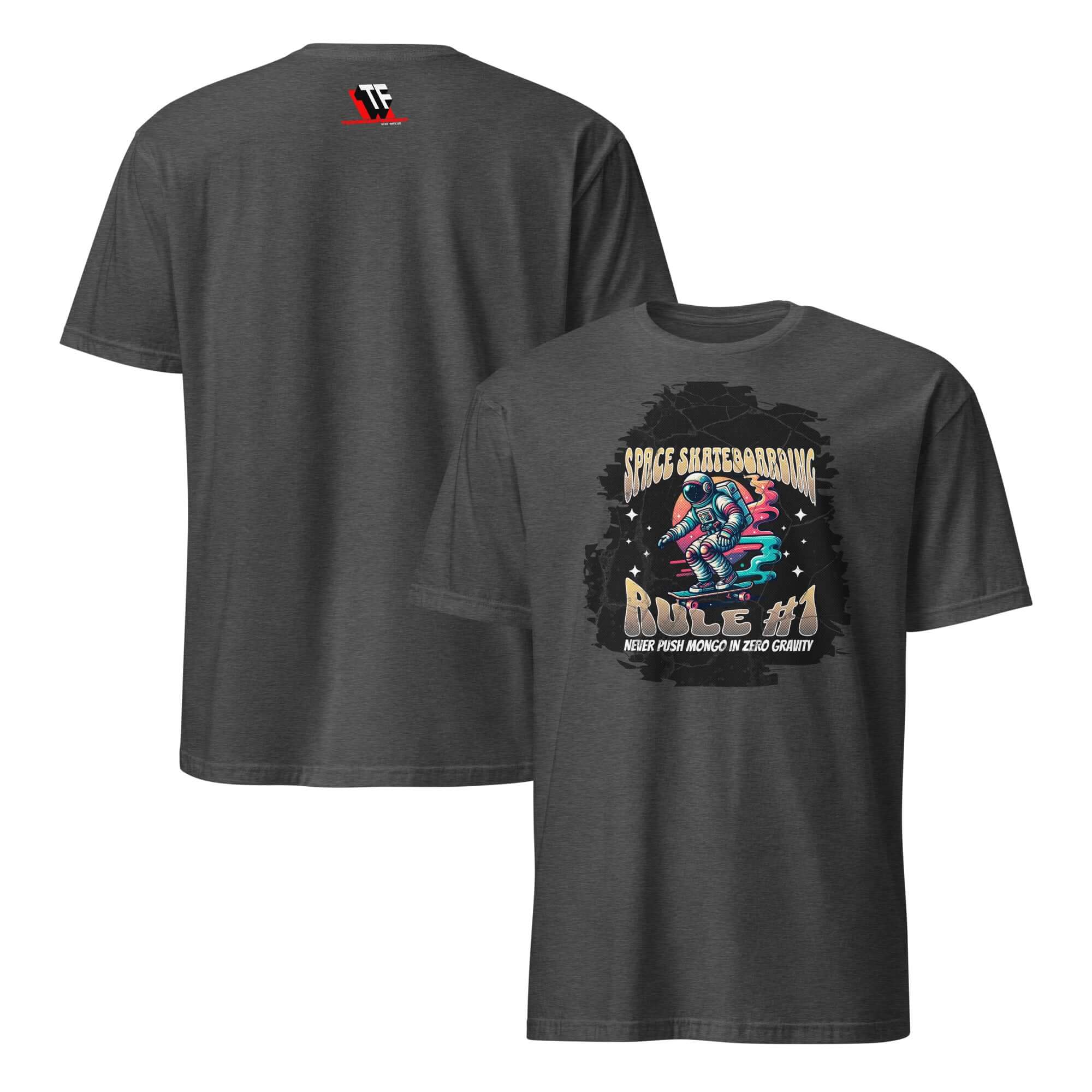 Dark gray Space Skateboarding Rule #1 T-shirt featuring astronaut on neon skateboard with cosmic humor theme.