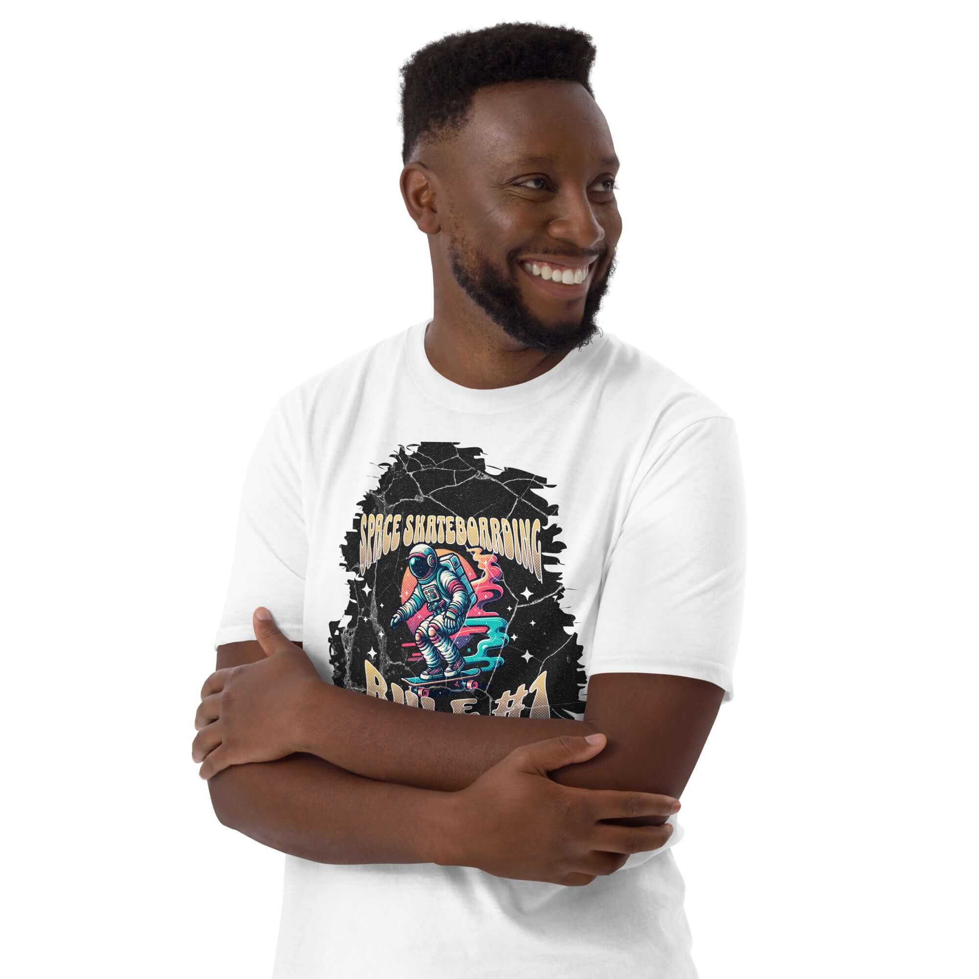 Man wearing Space Skateboarding Rule #1 T-Shirt with astronaut on skateboard design, combining humor and cosmic themes.