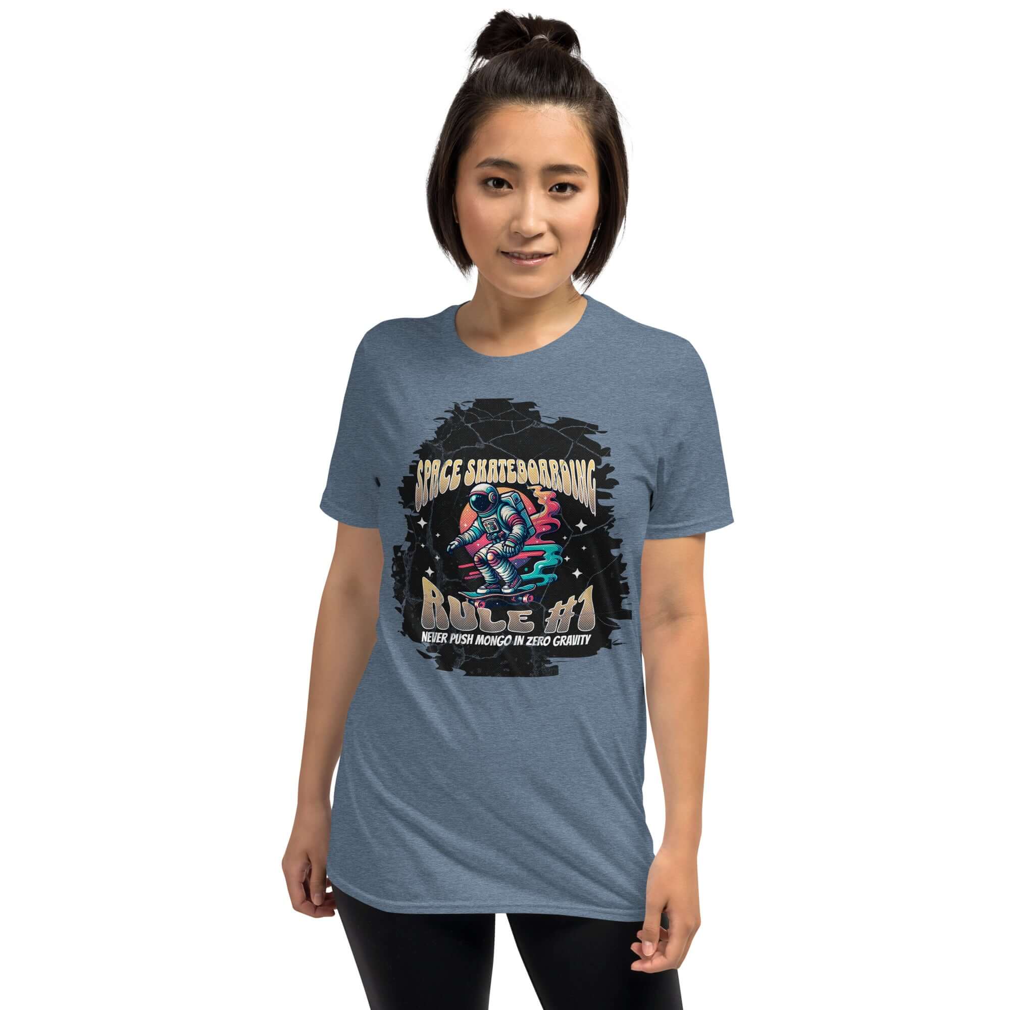 Woman wearing a Space Skateboarding t-shirt with astronaut and skateboard design, promoting cosmic skate humor and zero gravity fun.