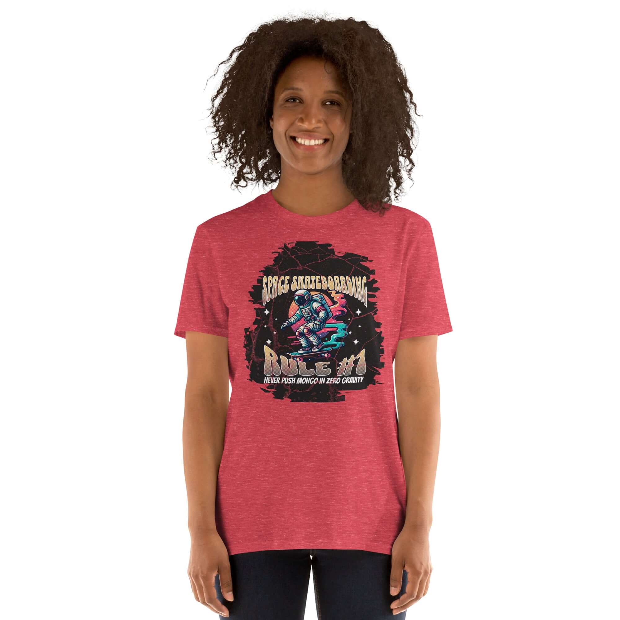 Person wearing Space Skateboarding Rule #1 t-shirt with astronaut and neon skateboard design, promoting cosmic skate humor.