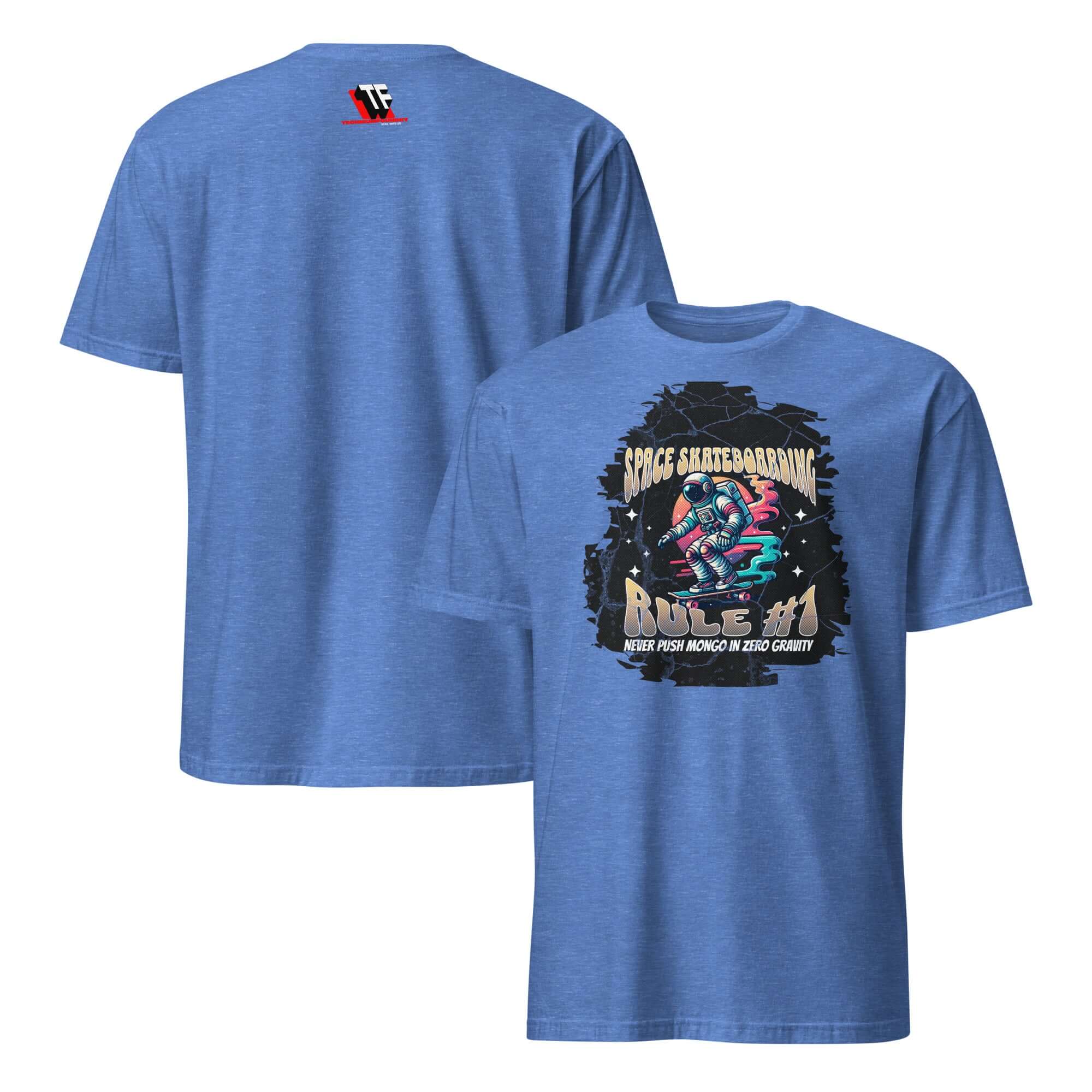 Space Skateboarding Rule #1 T-Shirt featuring astronaut skating in space with humorous tagline on a blue background.