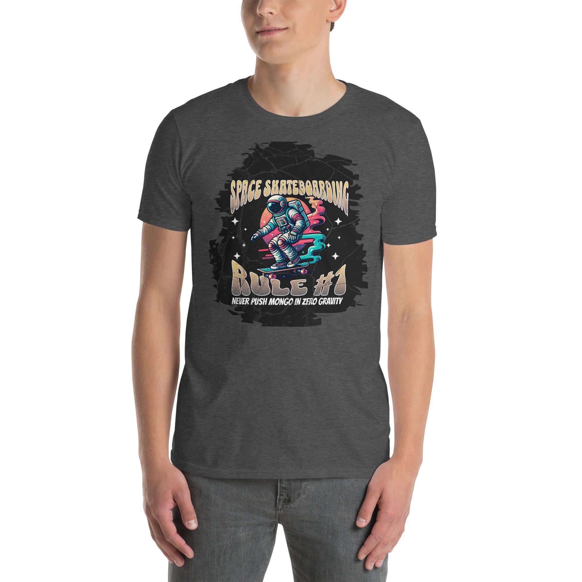Space Skateboarding T-Shirt featuring astronaut on a neon skateboard, promoting cosmic skate humor: Never Push Mongo In Zero Gravity.