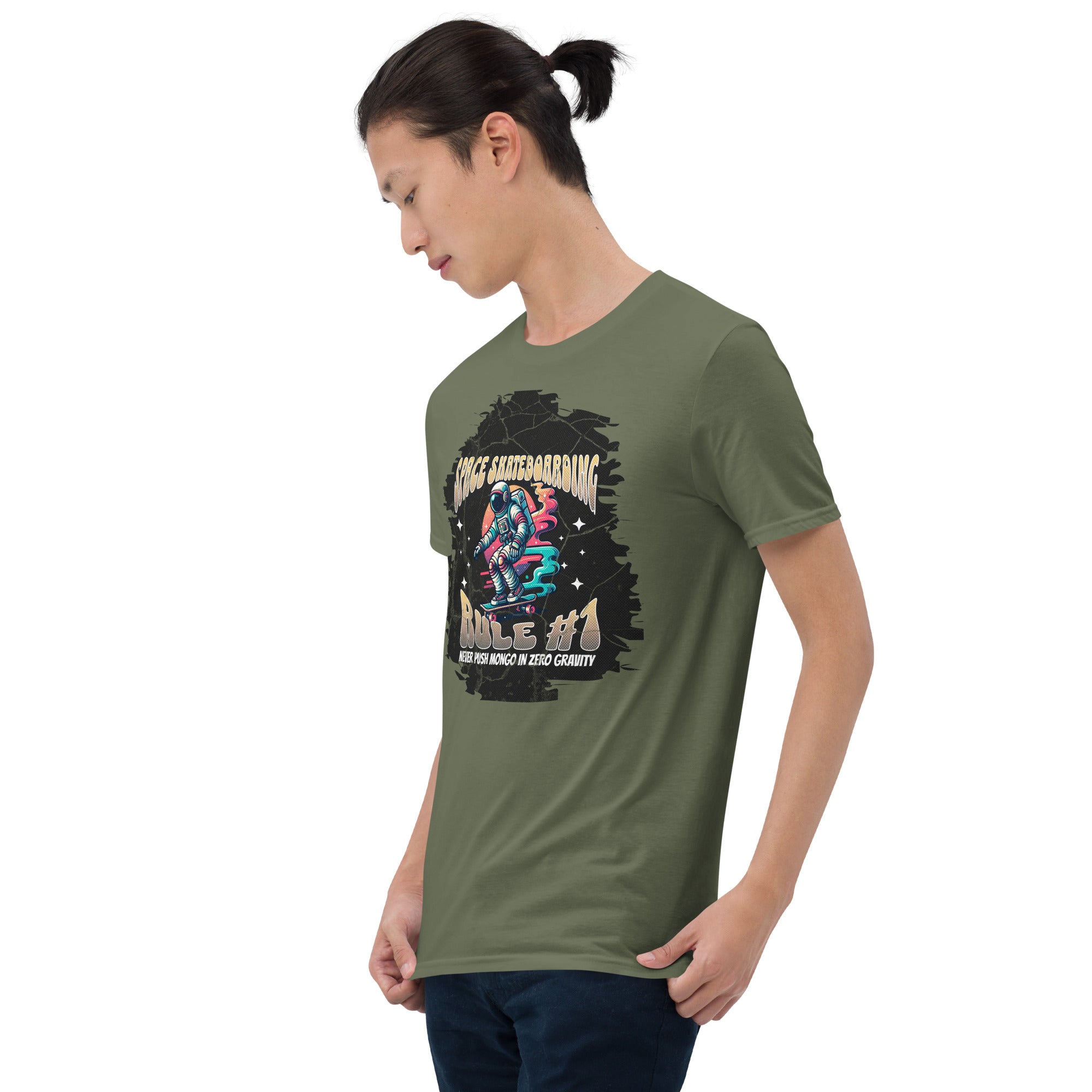 Person wearing green 'Space Skateboarding Rule #1' t-shirt with astronaut and skateboard design, promoting cosmic skate humor.