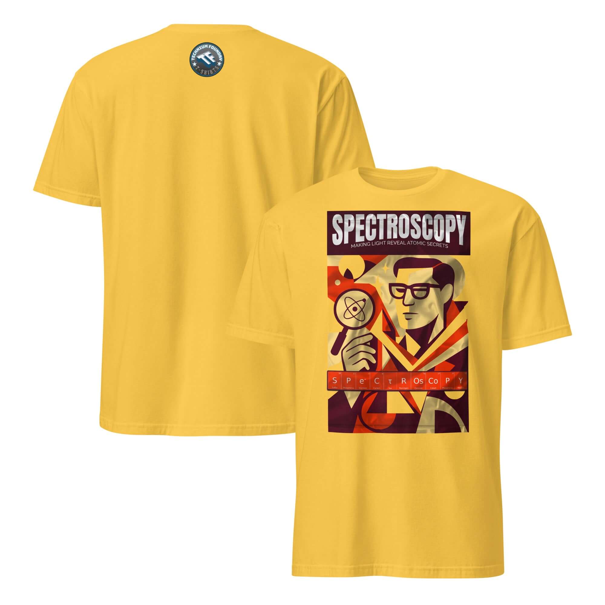 Yellow "Spectroscopy" T-shirt featuring a vintage noir design with prisms and light, celebrating photonic investigations.