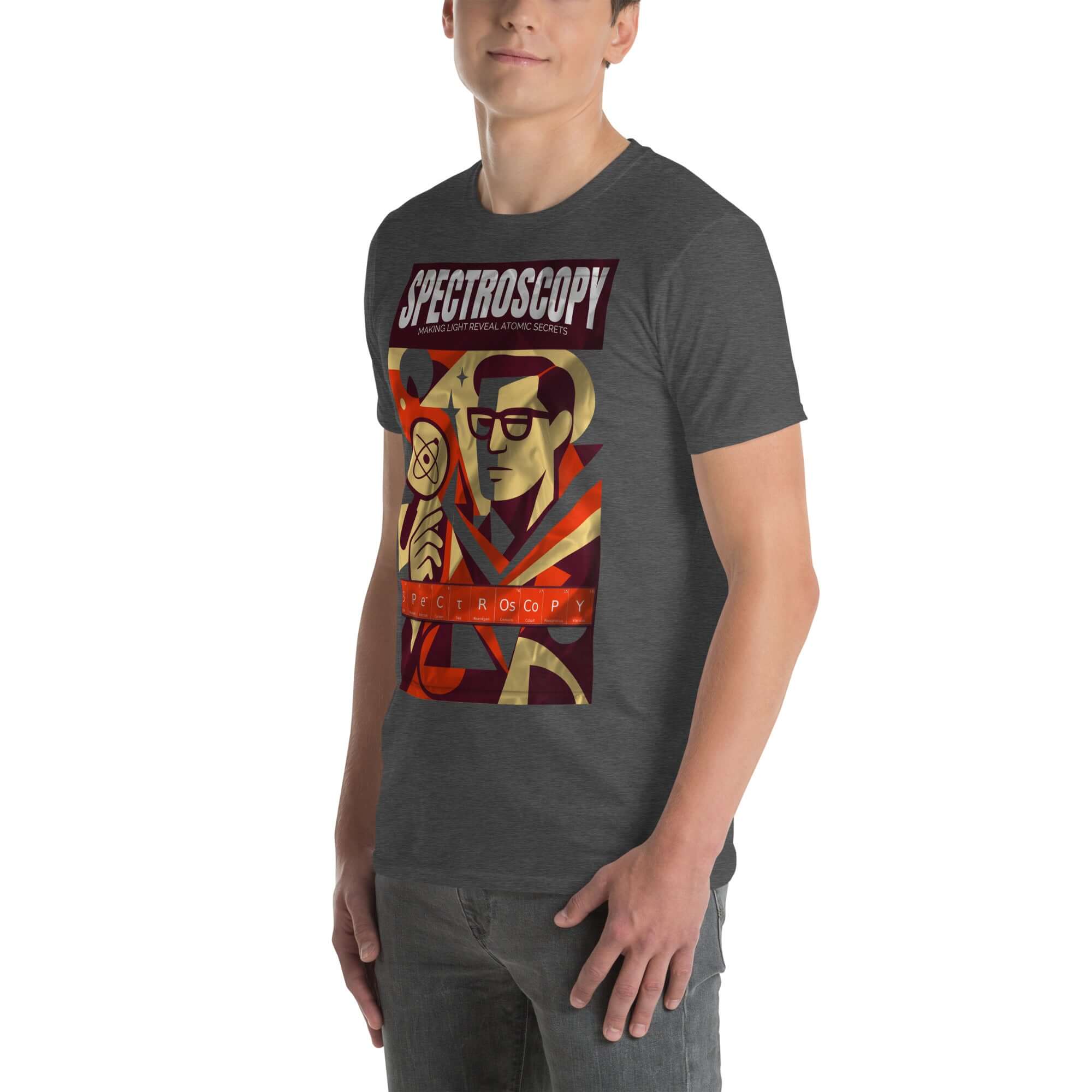 Dark gray vintage noir spectroscopy T-shirt featuring a detective-themed design with prisms and rainbows, celebrating atomic secrets.