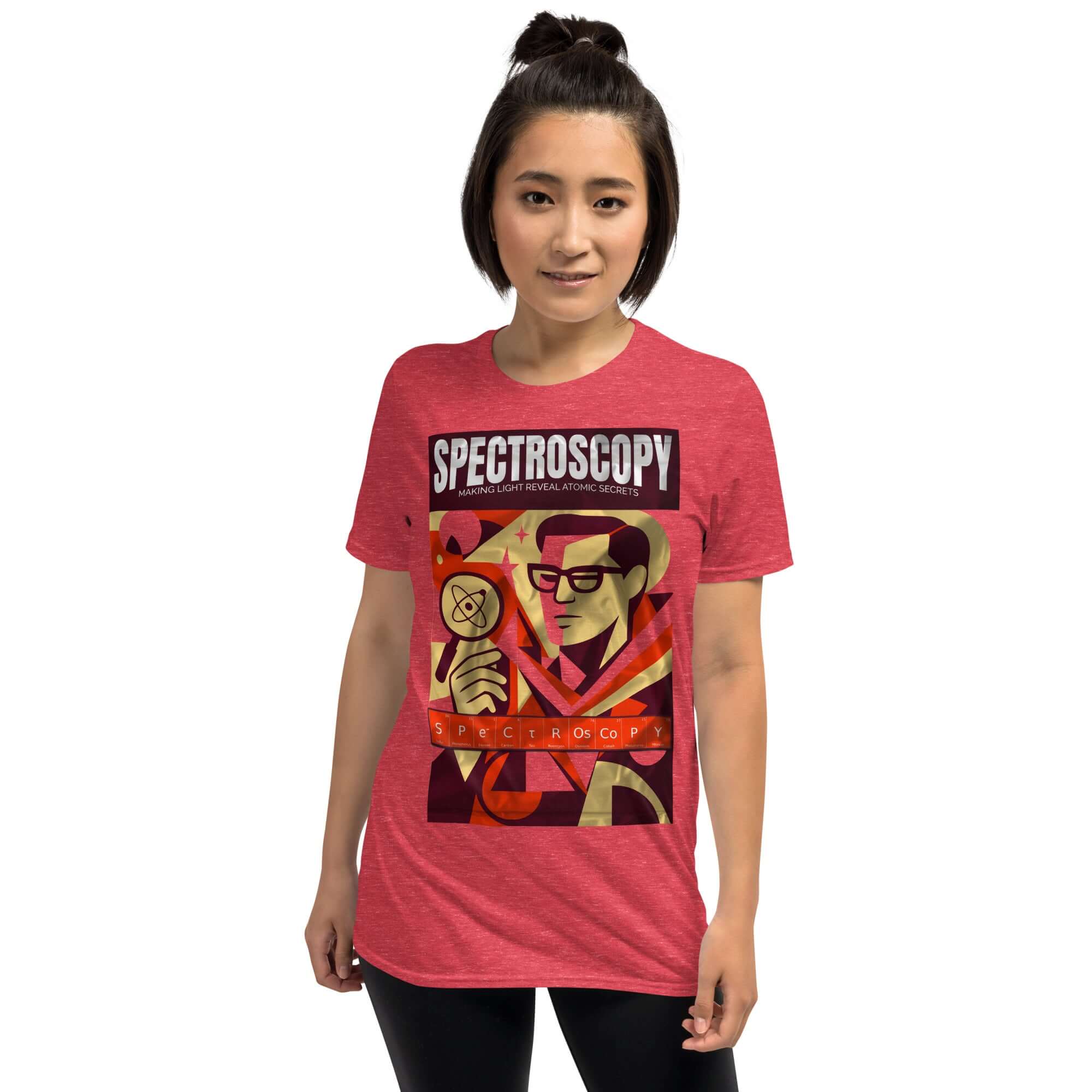 Spectroscopy T-shirt featuring noir-inspired artwork, celebrating light's atomic secrets. Red vintage design with investigator motif.
