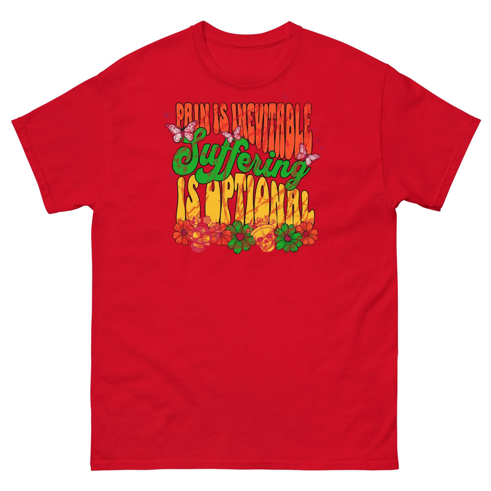 Red "Pain is Inevitable, Suffering is Optional" Stoic Philosophy t-shirt with colorful psychedelic street art design.