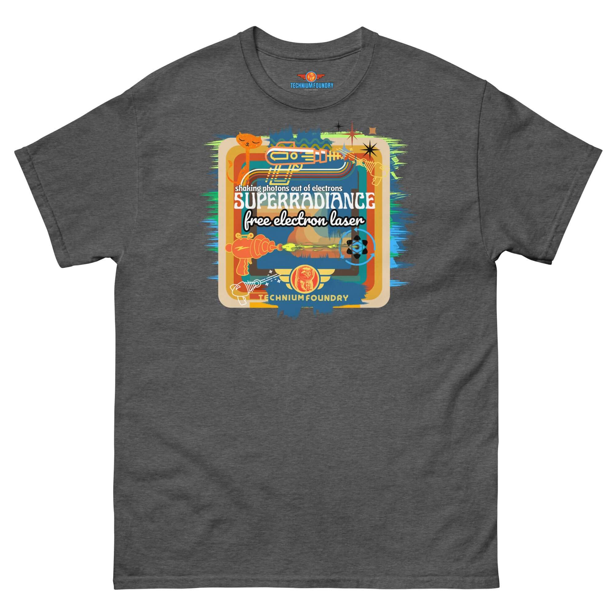 Retro Superradiance Free Electron Laser T-Shirt with colorful 80s-style design on grey cotton fabric featuring science theme.