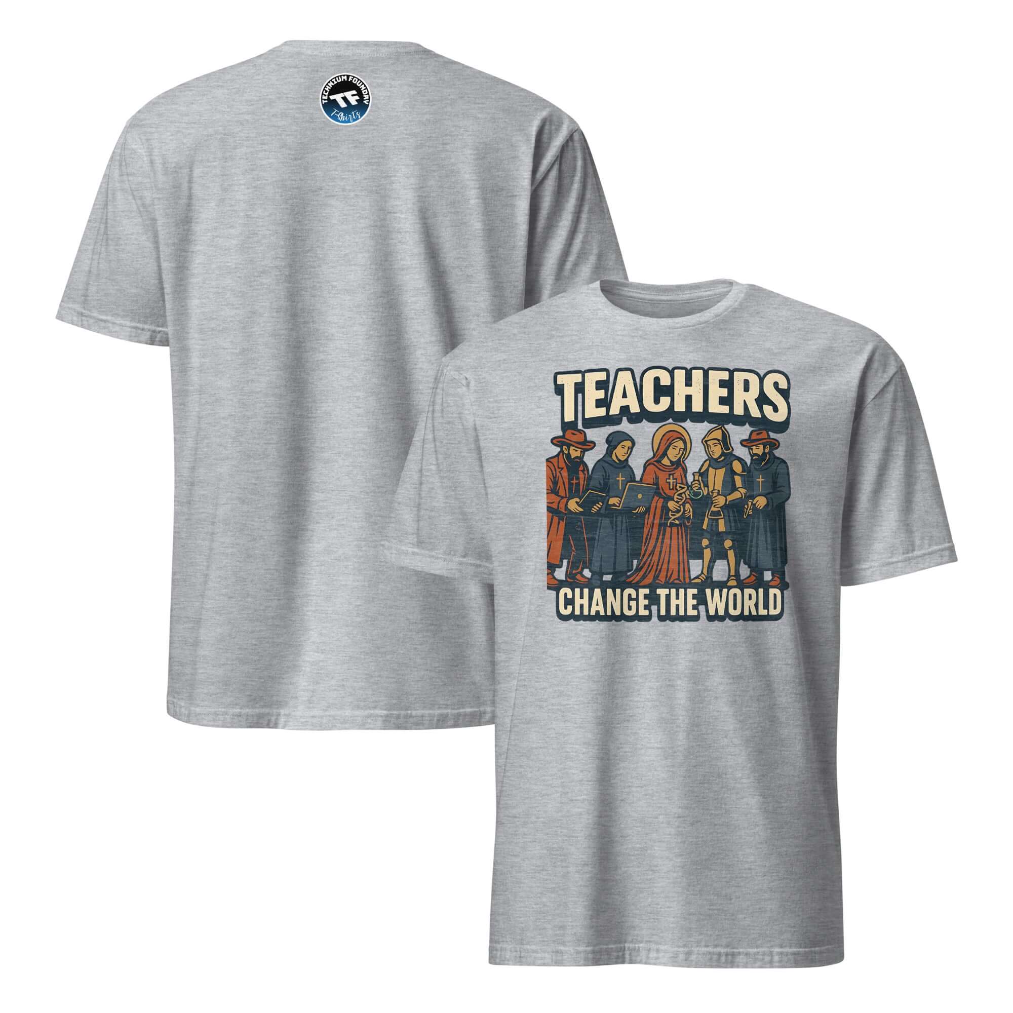 Gray T-shirt featuring 'Teachers Change the World' with historical education heroes graphic, honoring medieval teaching.