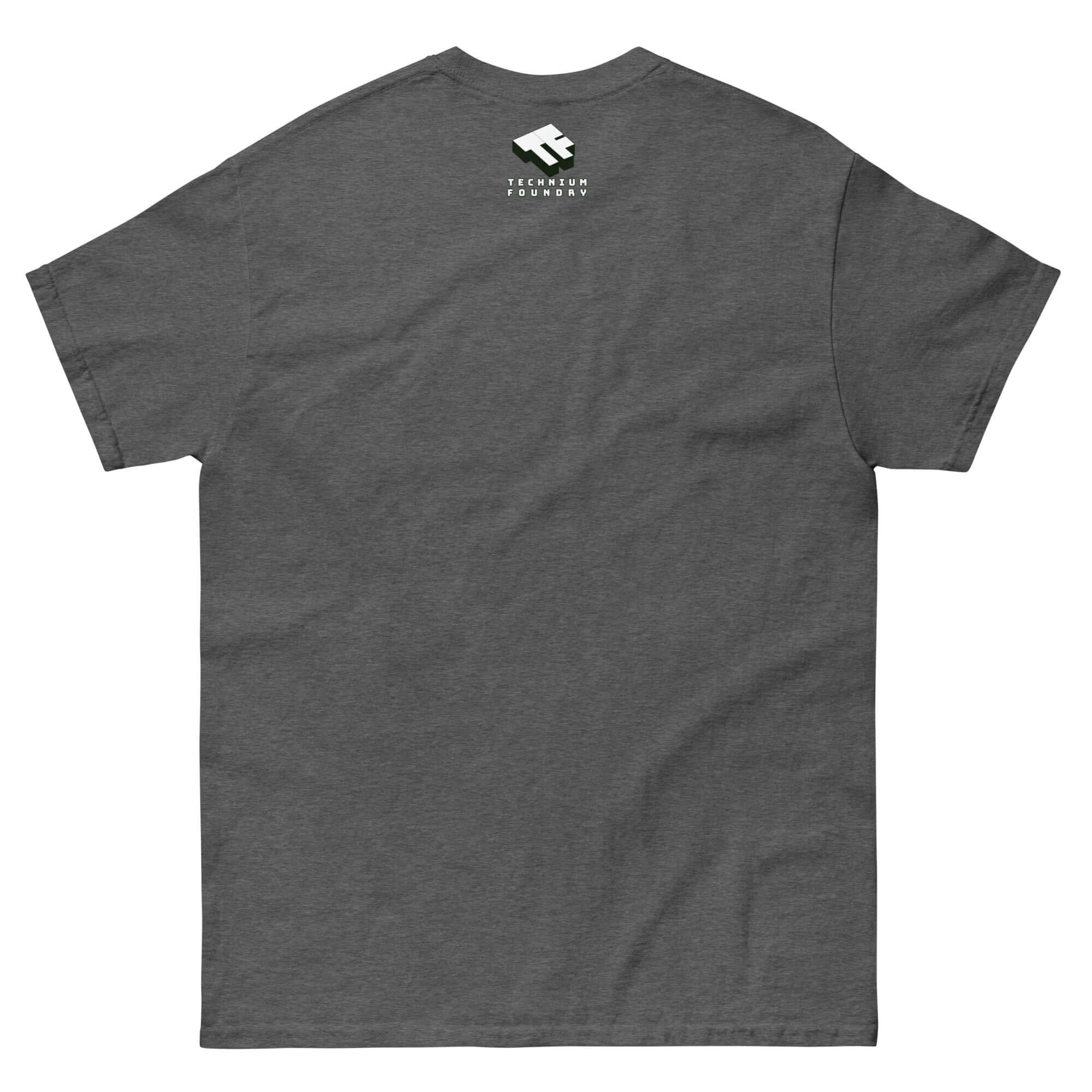Back view of Technium Foundry Skater Scientist T-Shirt in grey with logo, blending vintage physics and street style.