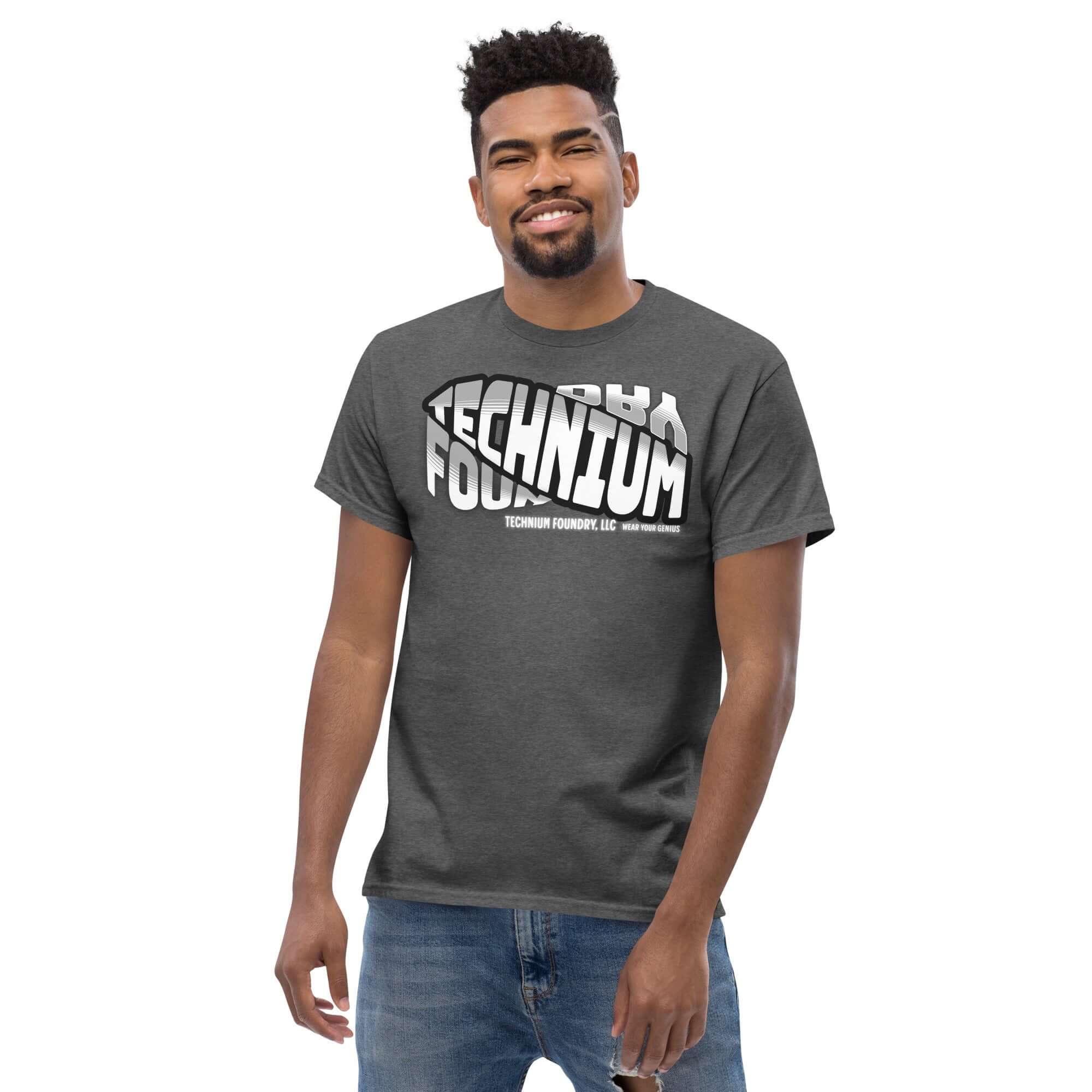 Man wearing a Technium Foundry Core Logo T-Shirt, showcasing quantum apparel and science geek style with a bold typography design.