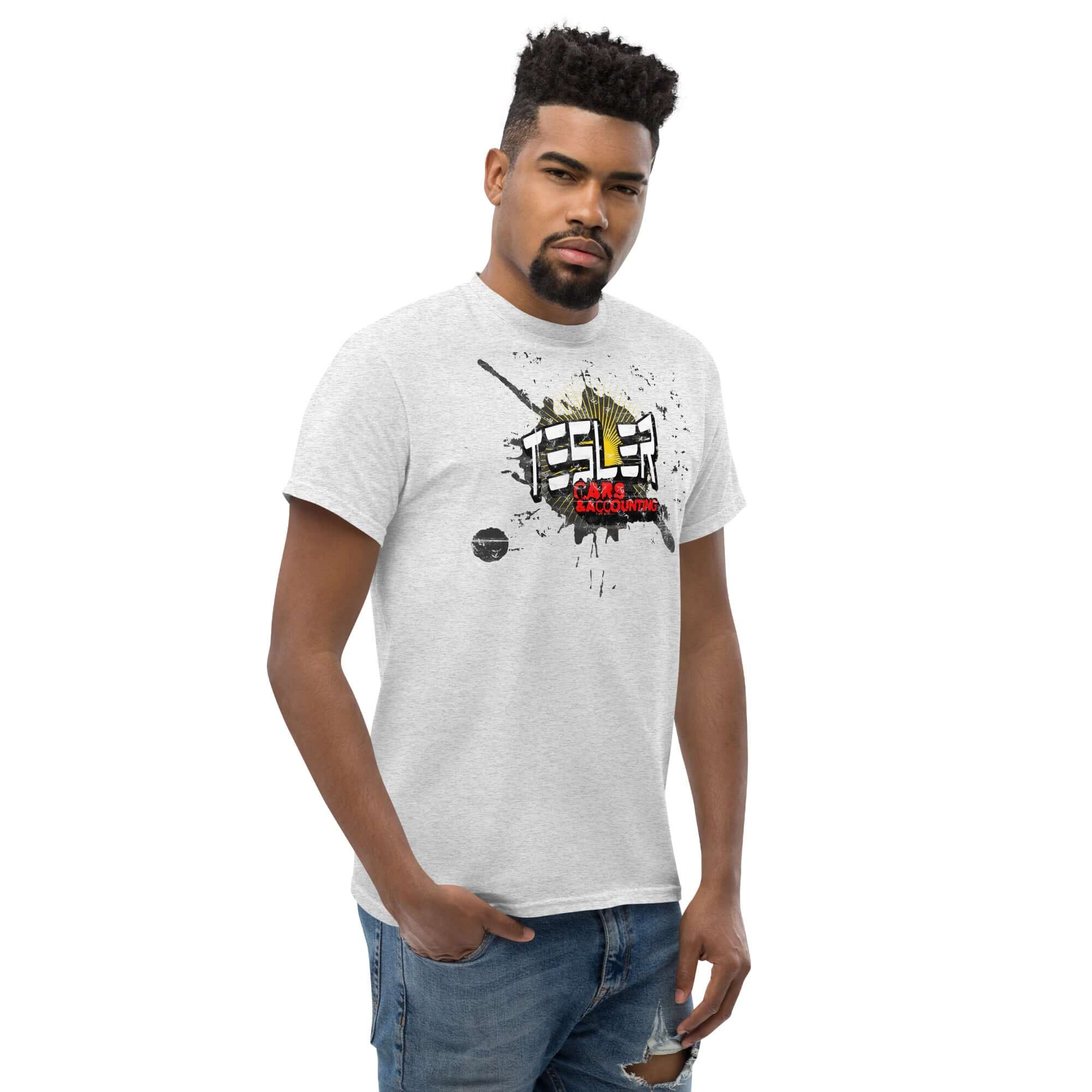 Man wearing Tesler Cars & Accounting parody t-shirt blending electric vehicles and accounting humor. Ideal for gear heads and number crunchers.