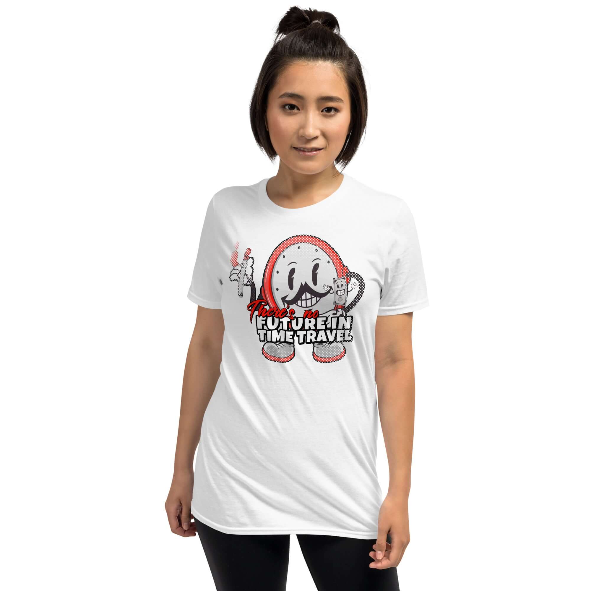 Woman wearing "There's No Future in Time Travel" t-shirt, featuring a cartoon clock character with headphones, on white fabric.