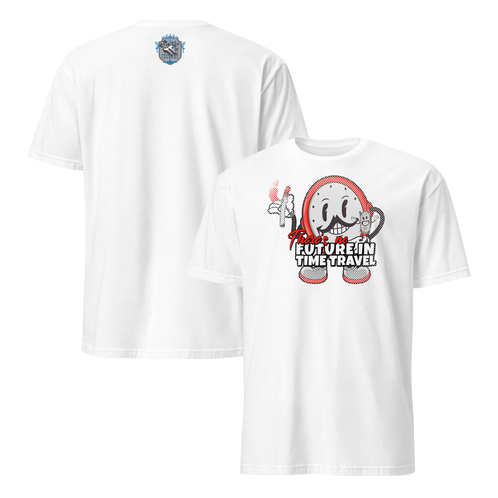 Retro gaming t-shirt featuring a cartoon clock character with headphones and a cigarette, text reads 'There's No Future in Time Travel'.