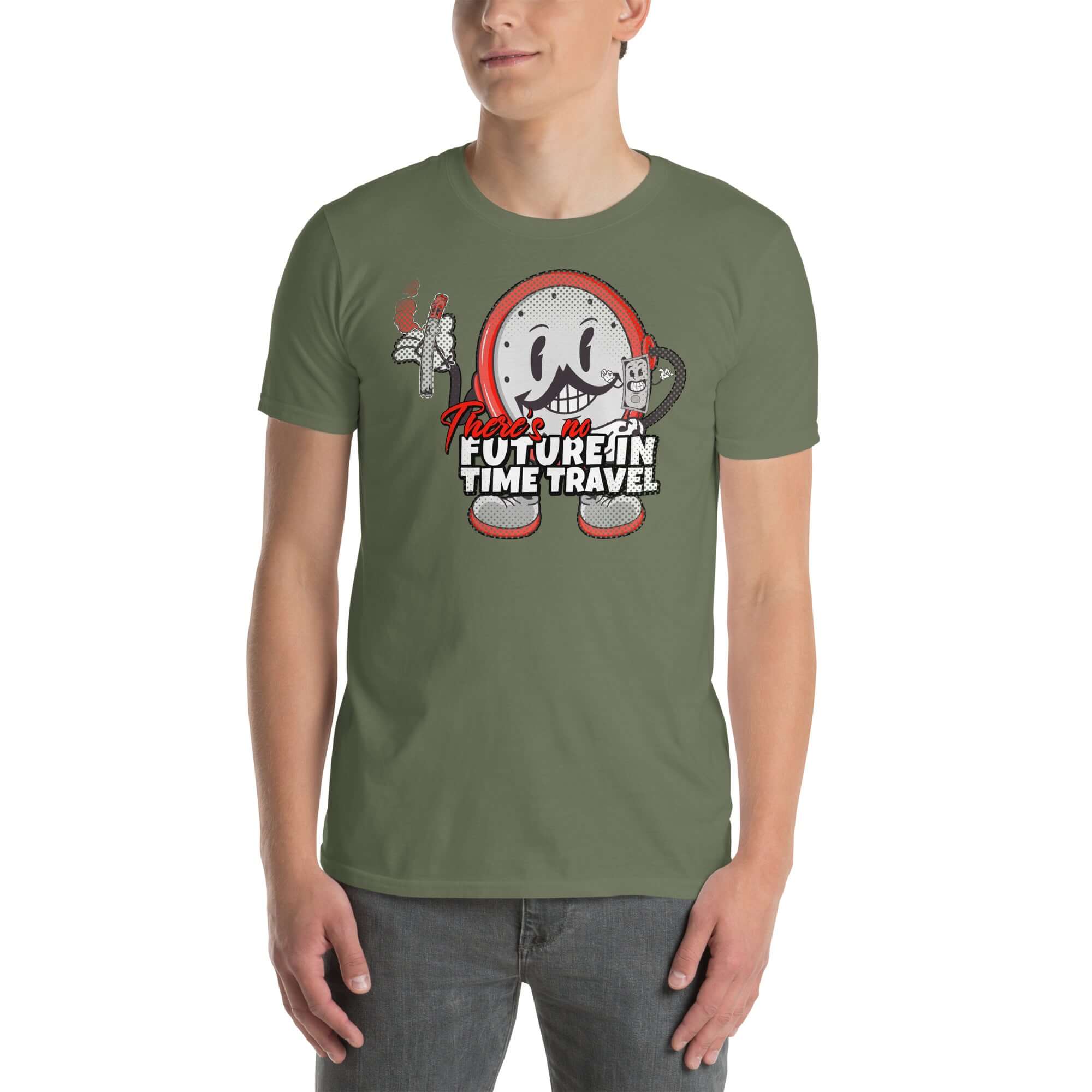 Retro gaming inspired t-shirt featuring a mischievous cartoon clock with headphones and a cigarette on a vibrant red background.