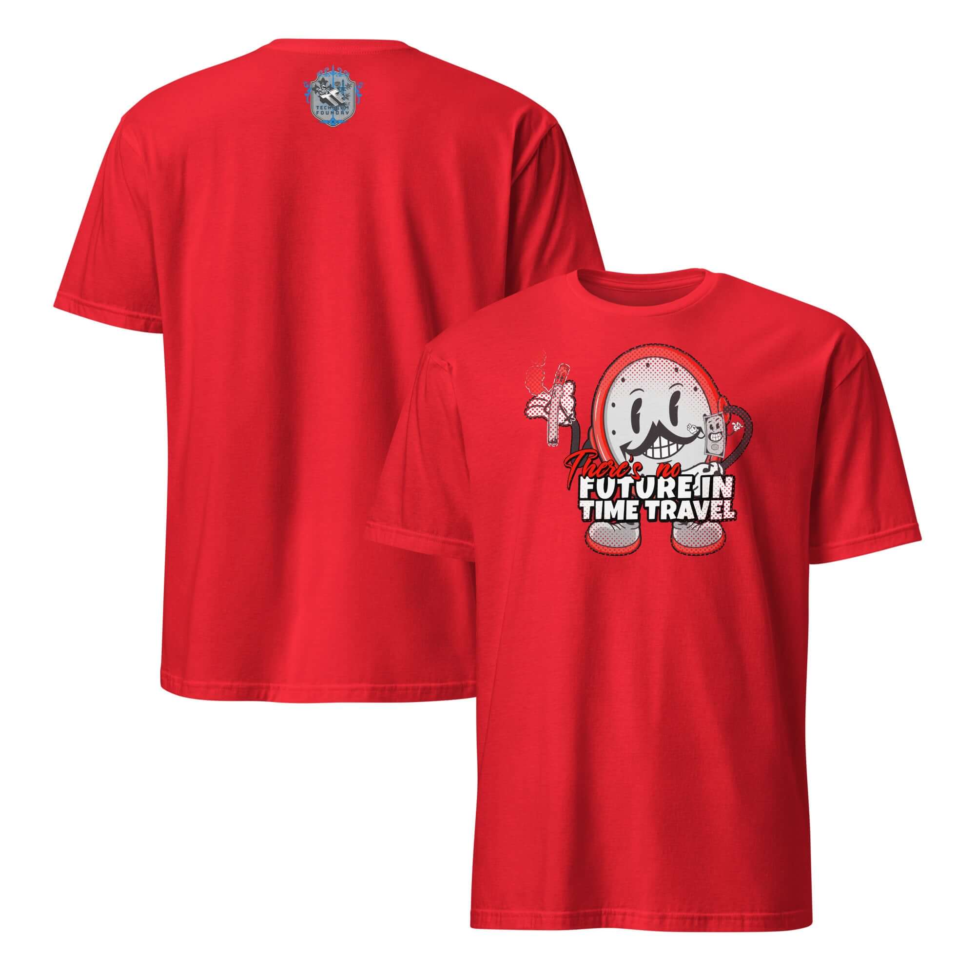 Red t-shirt featuring cartoon clock with headphones, cigarette, and grin. "There's No Future in Time Travel" quote in bold text.