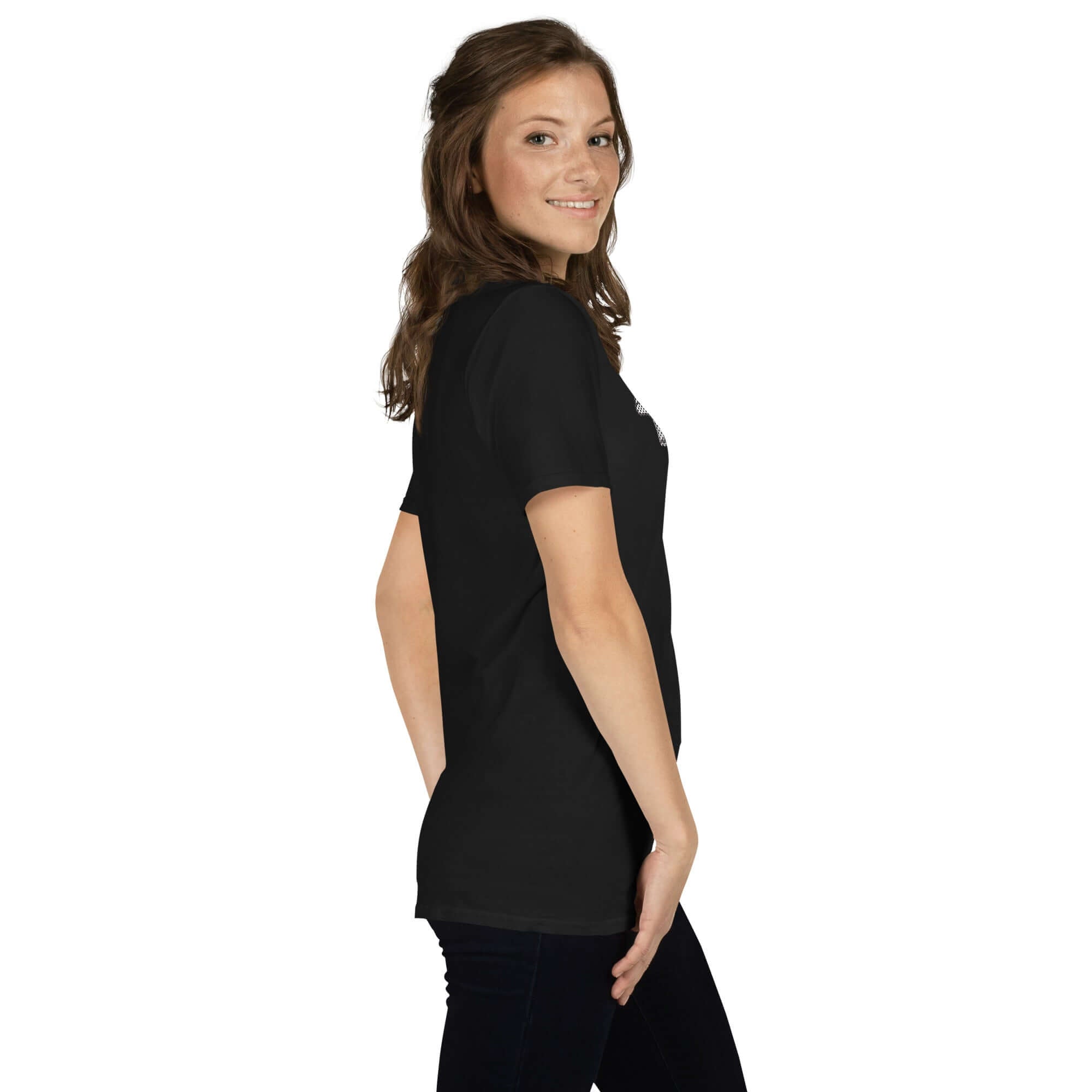 Woman wearing Retro Gaming Inspired Apparel "There's No Future in Time Travel" black t-shirt, side view.