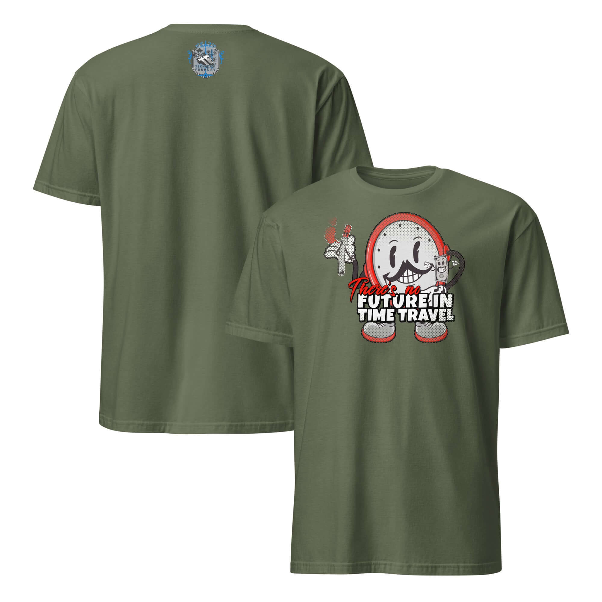 Retro gaming tee with cartoon clock character and "There's No Future in Time Travel" text on olive green shirt. Fun and edgy style.