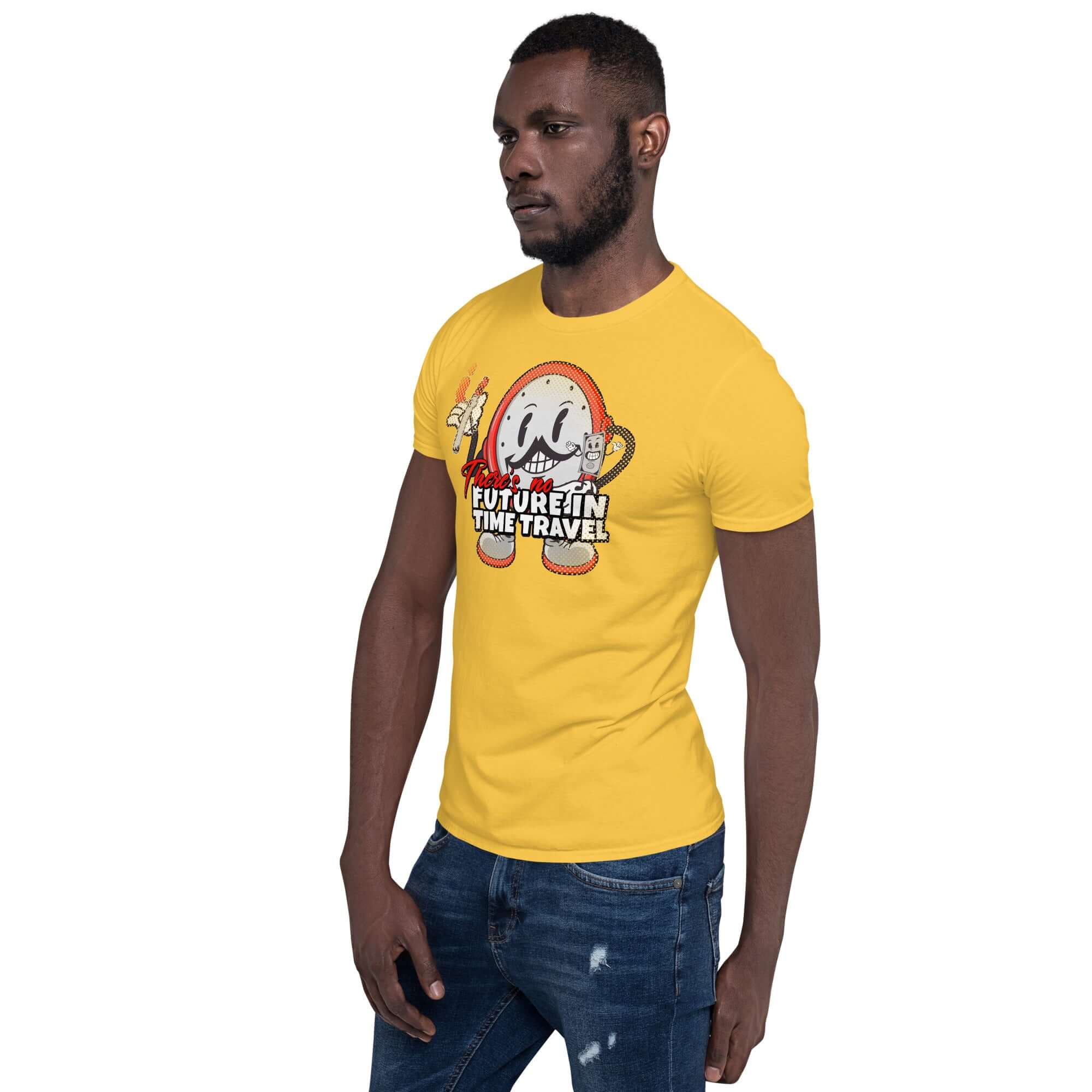 Model wearing 'There's No Future in Time Travel' retro gaming tee with cartoon clock on yellow background.