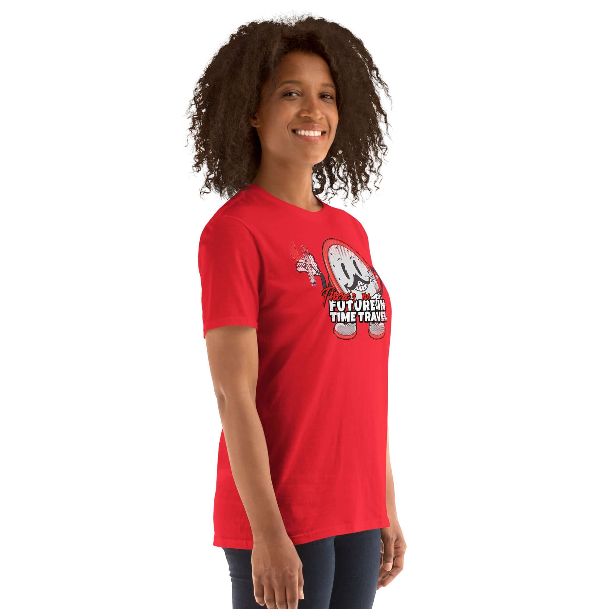 Person wearing a red t-shirt with a cartoon clock and "There's No Future in Time Travel" design, vibrant retro gaming inspired apparel.