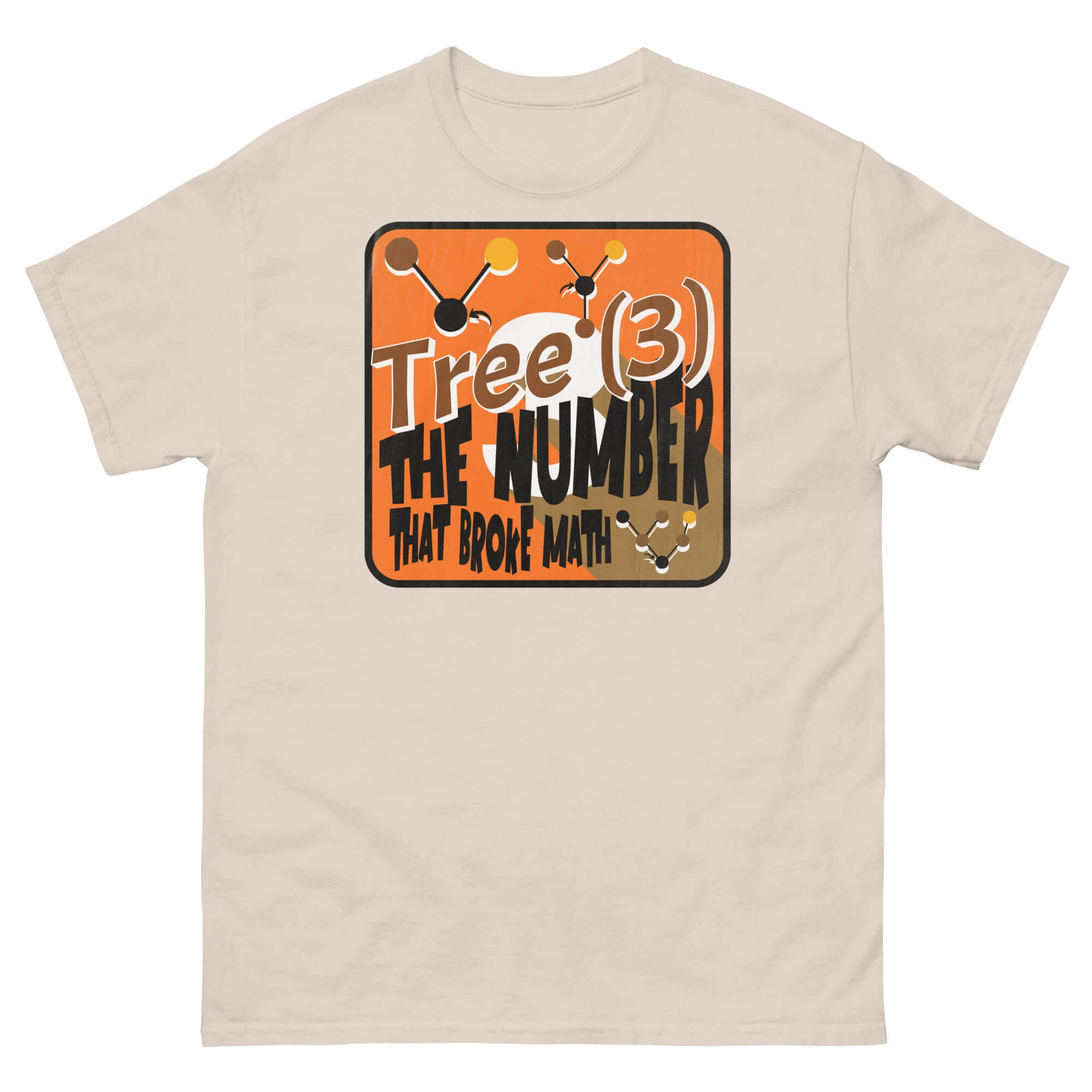 Alt Tag: Tree(3) Math Humor T-Shirt with Infinity-Breaking Graphic and Molecular Illustrations