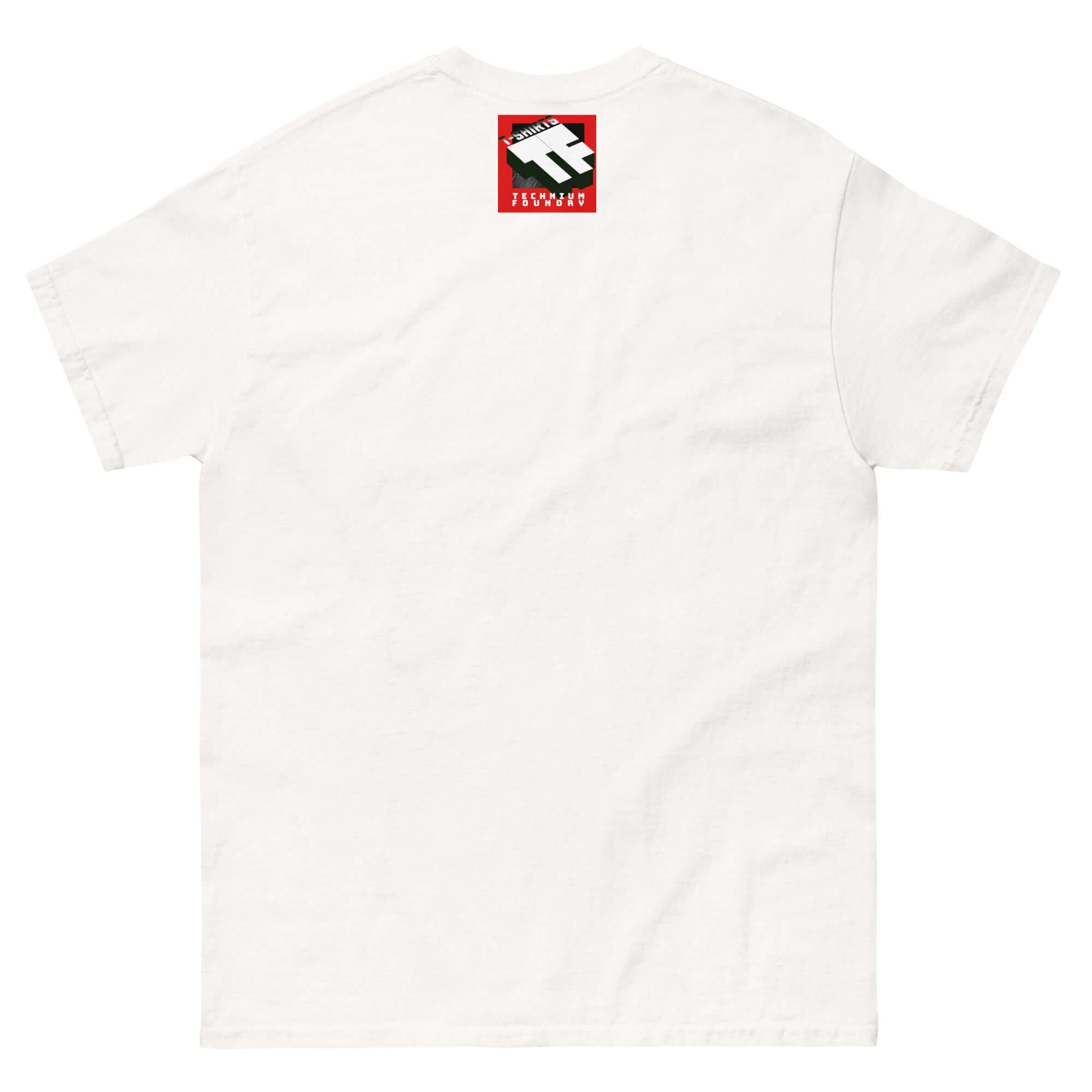 Back view of "Tree(3) Math Humor T-Shirt" featuring a small node graphic, playful math-themed design on a classic white tee.