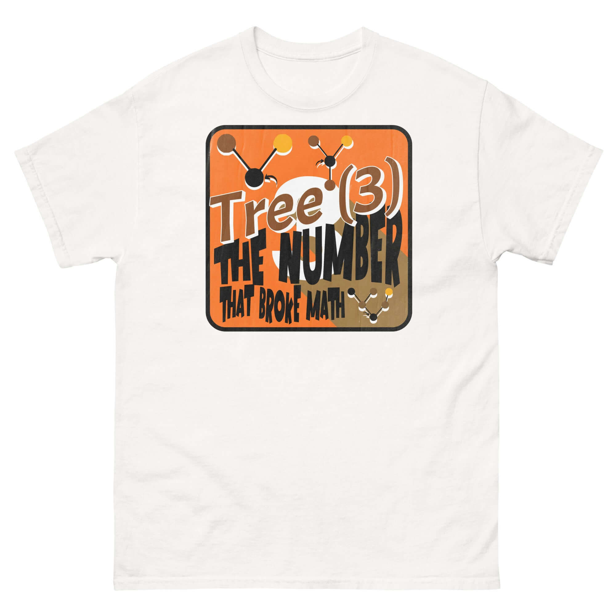 Tree(3) Math Humor T-Shirt with Infinity-Breaking Number graphic and molecular-style nodes on white fabric.