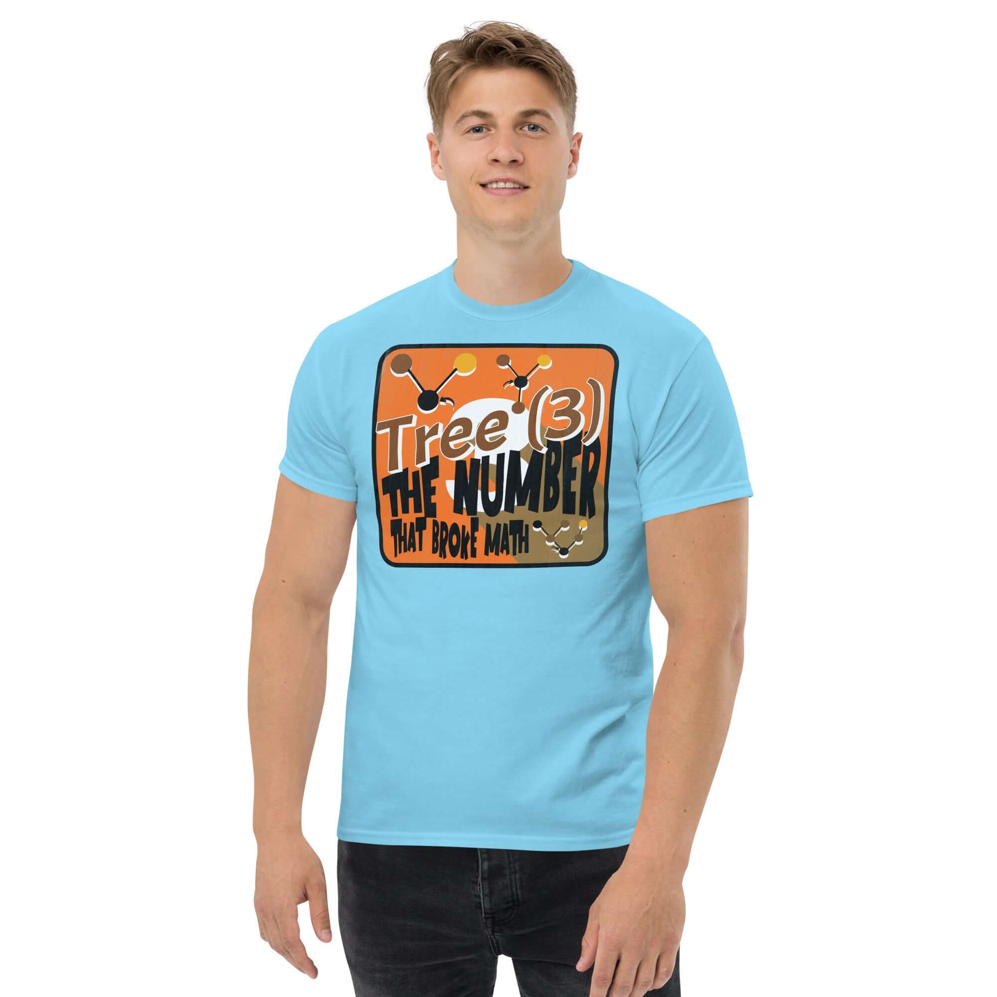 Tree(3) math humor t-shirt with infinity-breaking number graphic, worn by model. Bold design with molecular-style illustrations.
