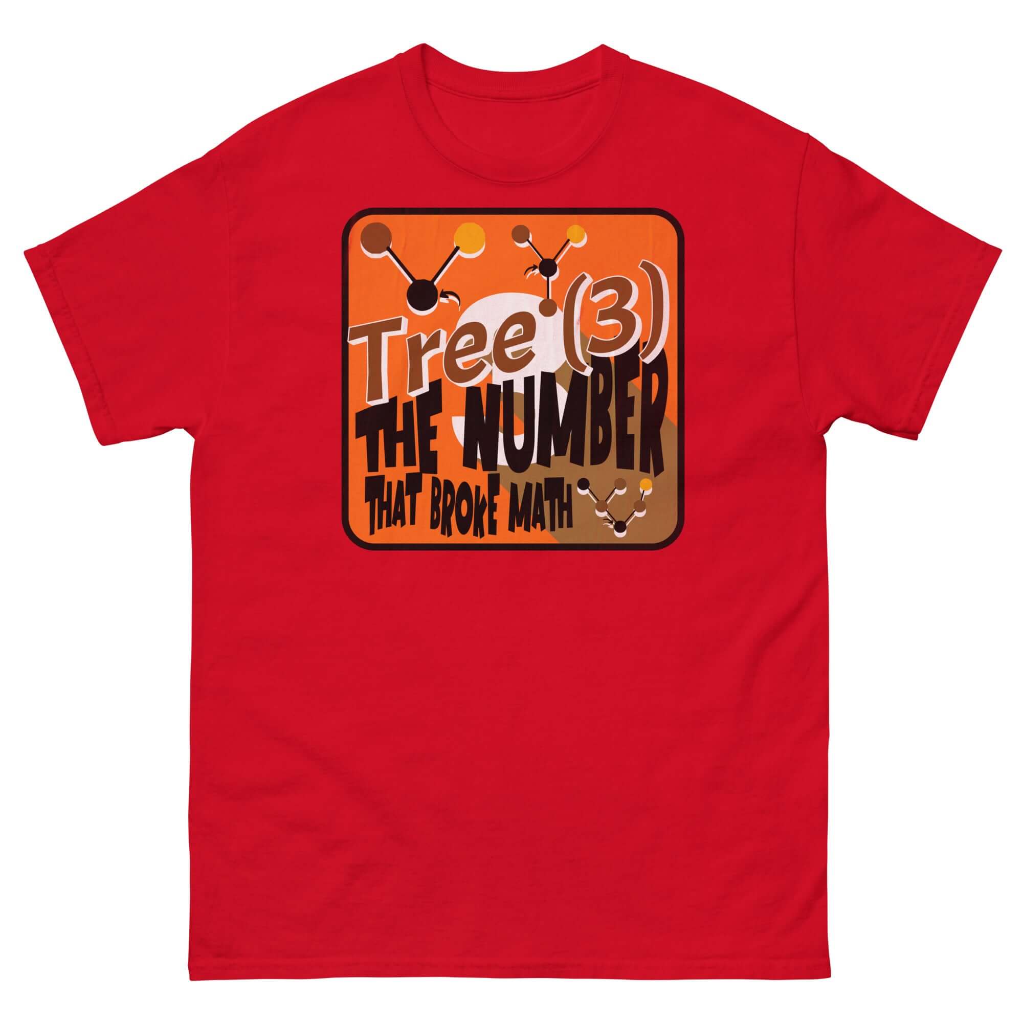 Red Tree(3) Math Humor T-Shirt with Infinity-Breaking Number Graphic, featuring molecular-inspired designs.