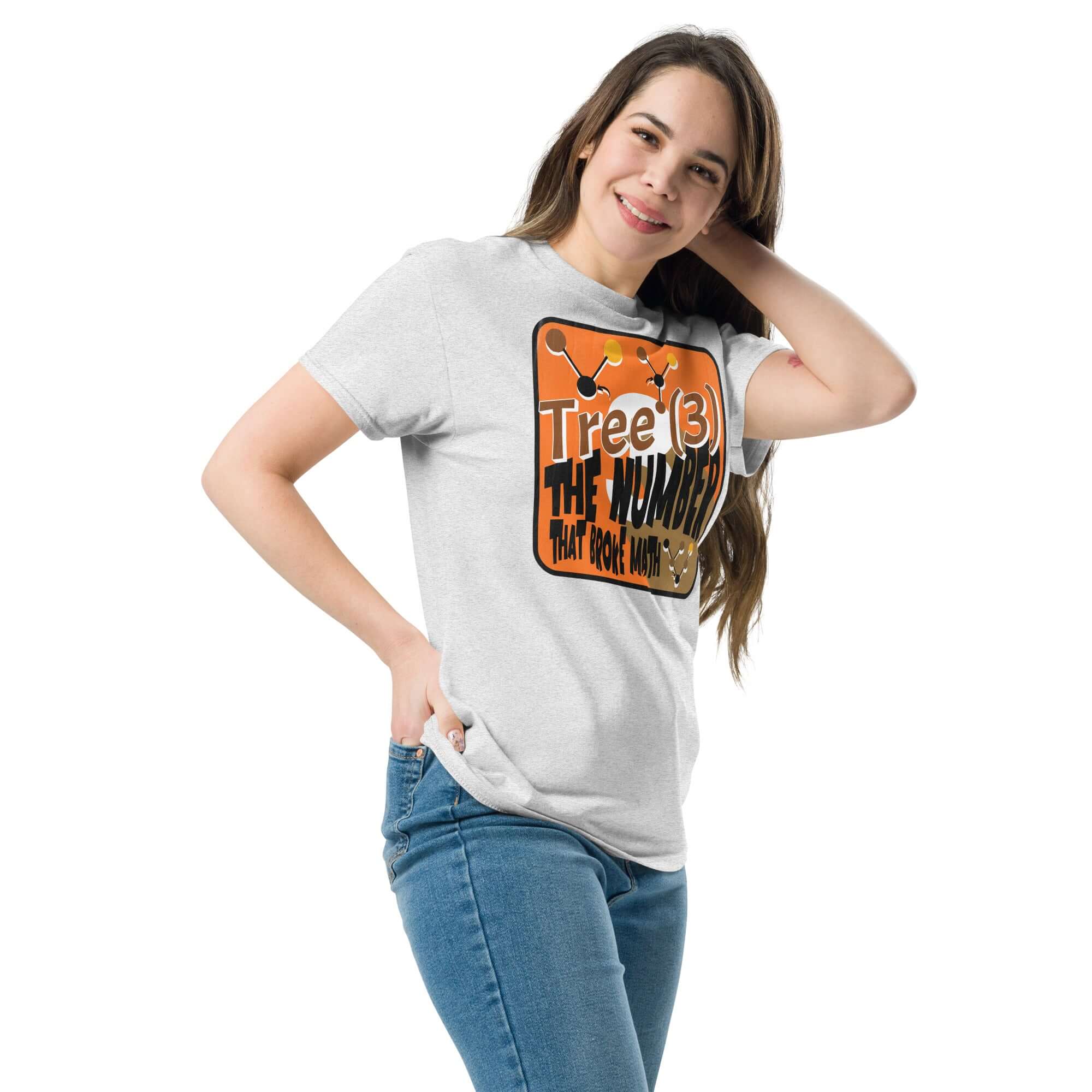 Model wearing 'Tree(3) The Number That Broke Math' humor t-shirt with node design, promoting math curiosity and infinity concepts.