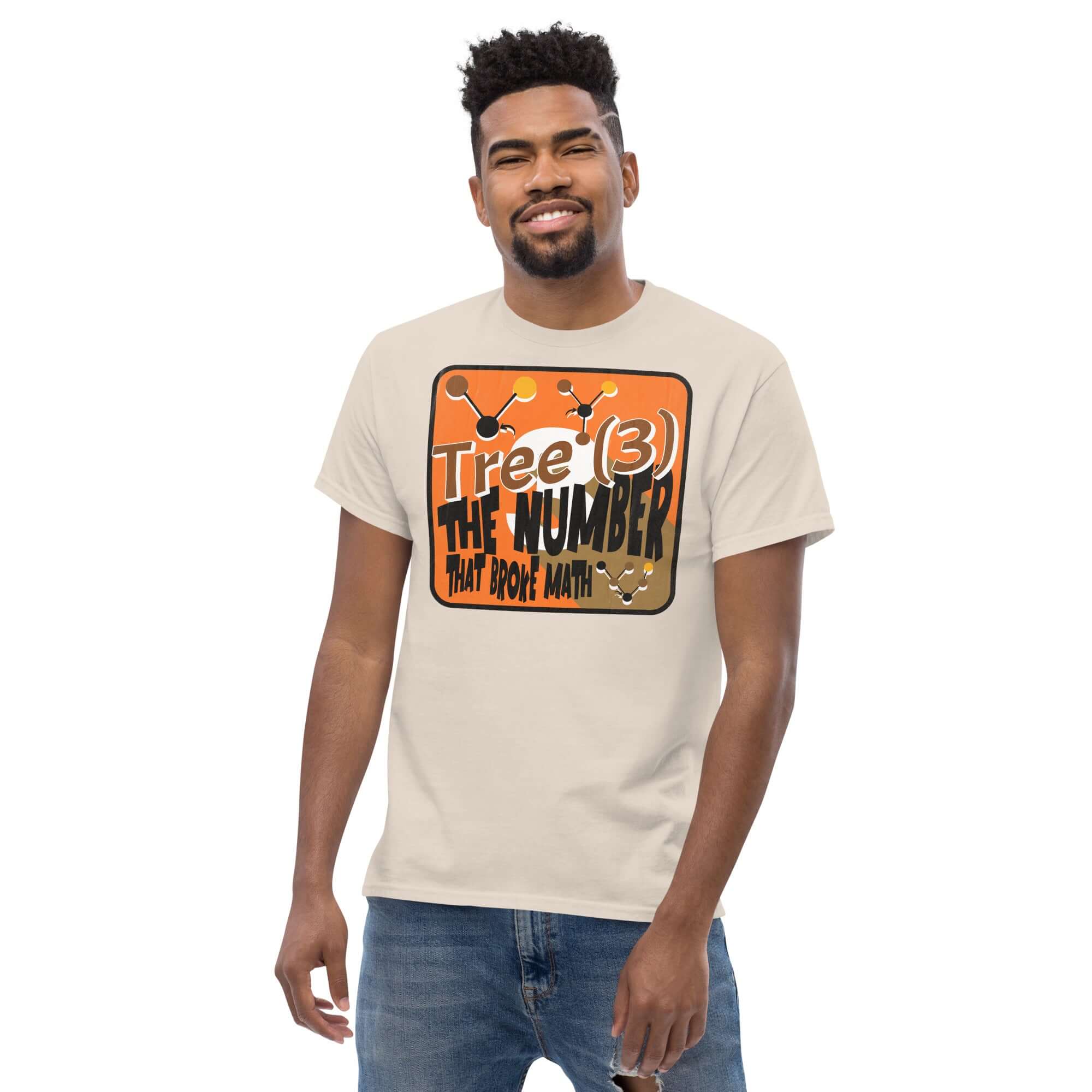 Math humor t-shirt featuring Tree(3) graphic, perfect for math rebels. Bold design with molecular-style nodes, ideal for math enthusiasts.