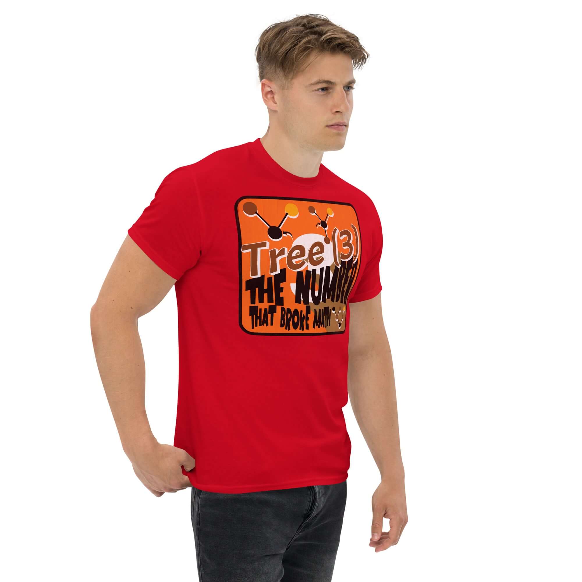 Model wearing Tree(3) Math Humor T-Shirt with bold graphic design, celebrating the infinity-breaking number with molecular-style nodes.