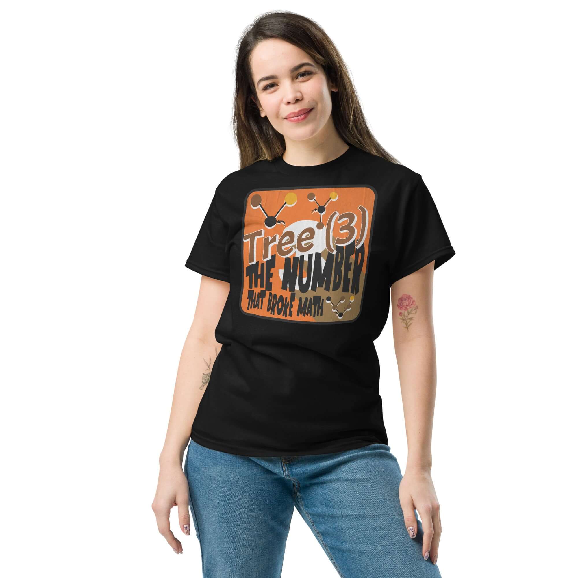 Person wearing a Tree(3) Math Humor T-Shirt with bold number graphic and molecular nodes, perfect for math enthusiasts.