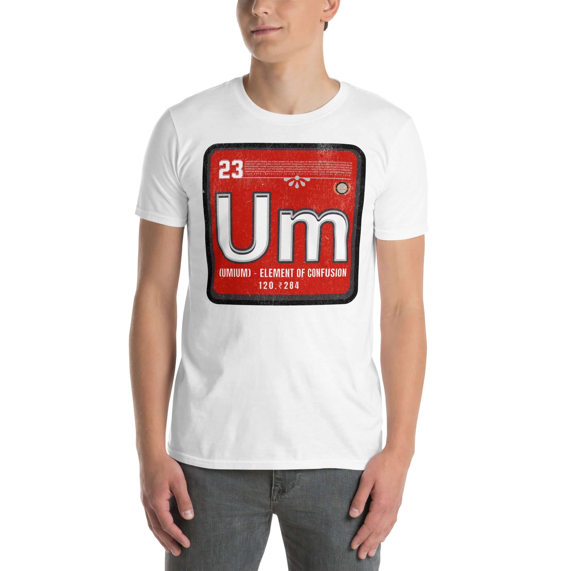Man wearing Umium Element T-Shirt with periodic table design on red background, representing element of confusion.