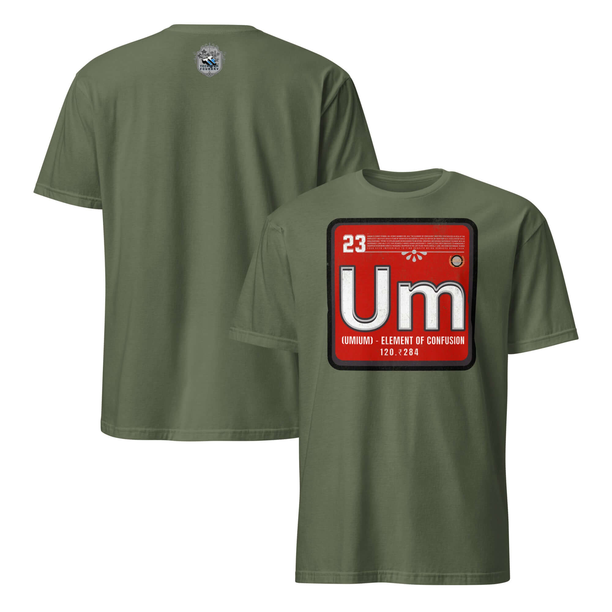 Umium Element T-Shirt featuring periodic table design with 'Element of Confusion' on vibrant red, perfect for science enthusiasts.