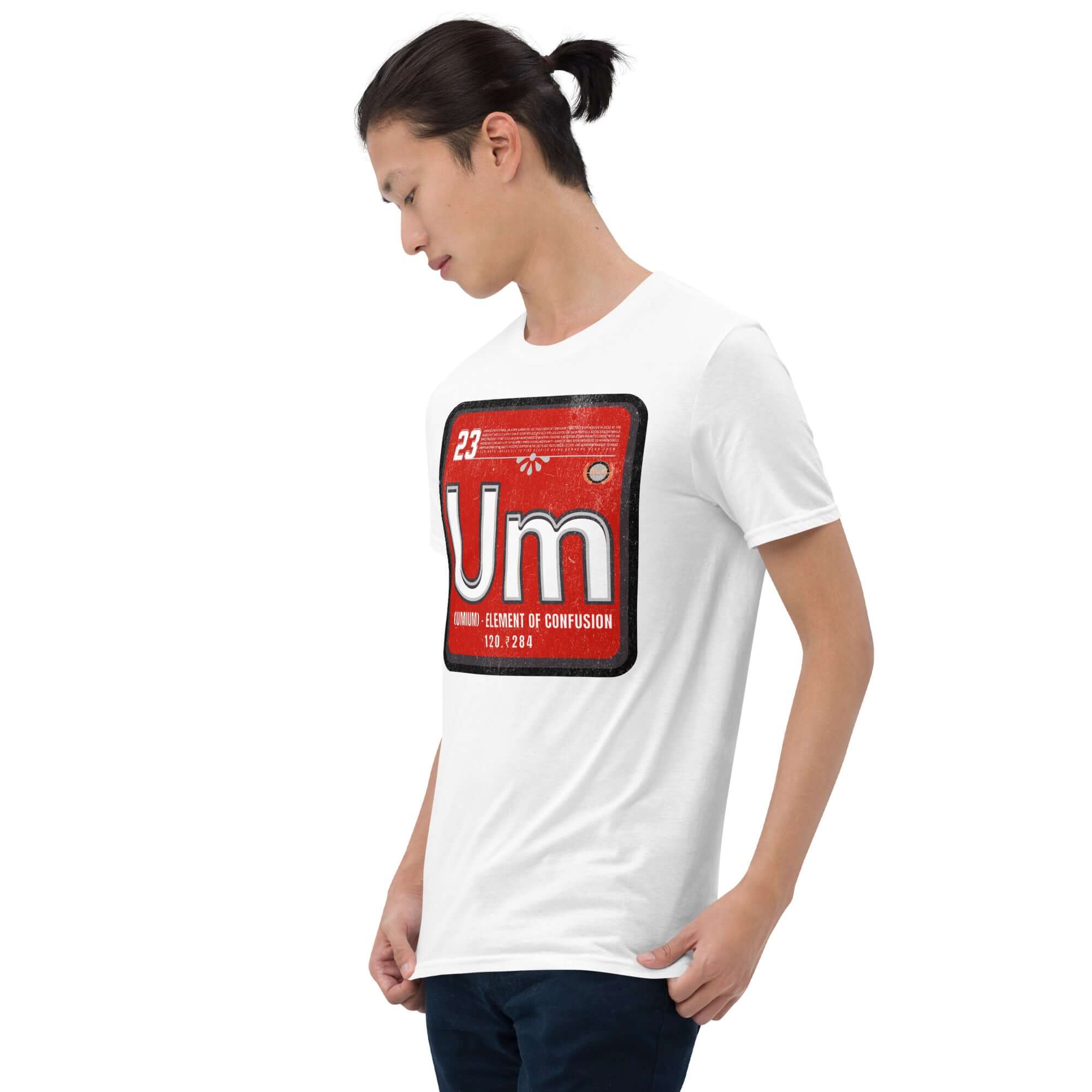 Man wearing Umium Element of Confusion T-shirt with red periodic table design on front, symbolizing awkward silences and forgetfulness.