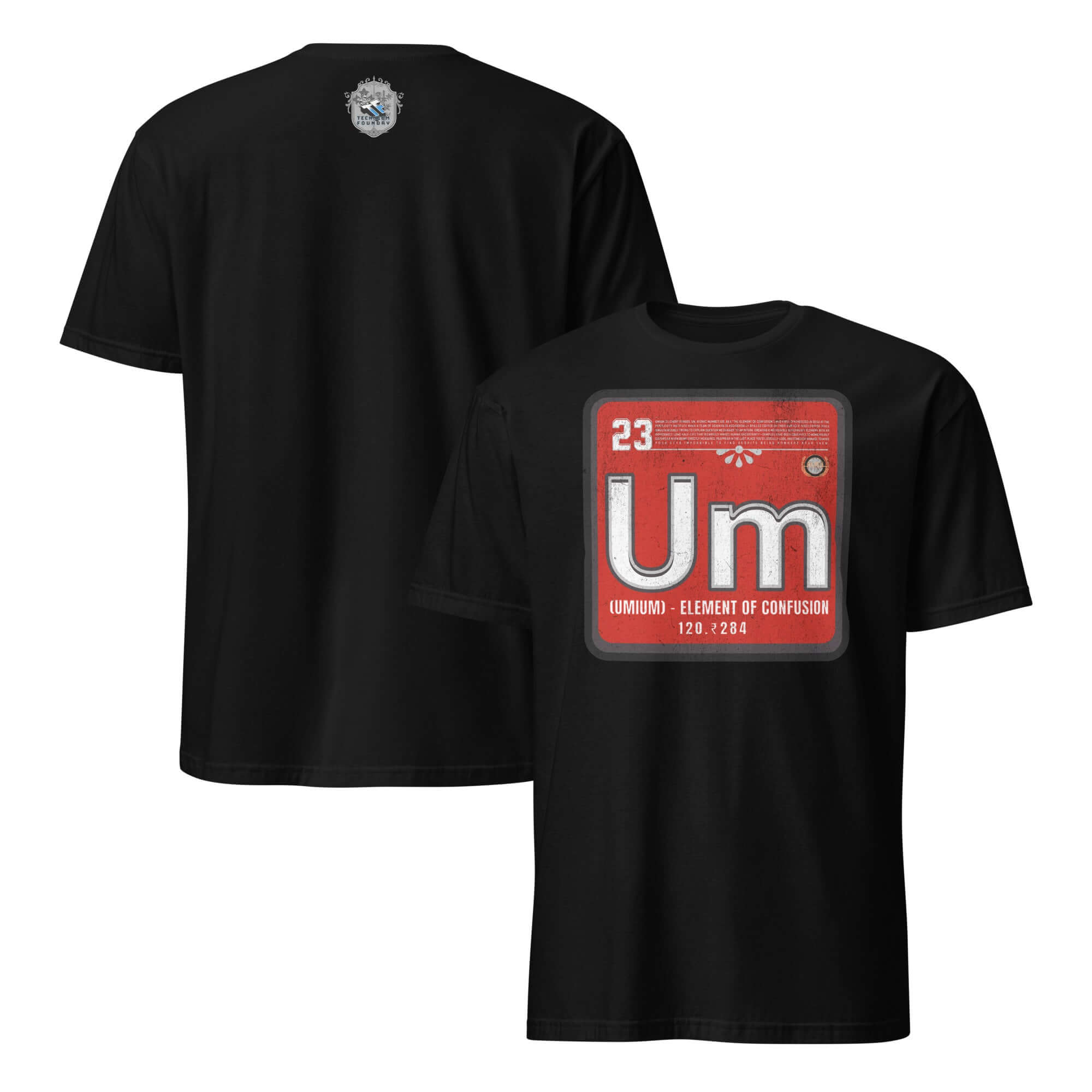 Umium Element T-Shirt featuring Periodic Table design with 'Element of Confusion' in red, perfect for science humor enthusiasts.