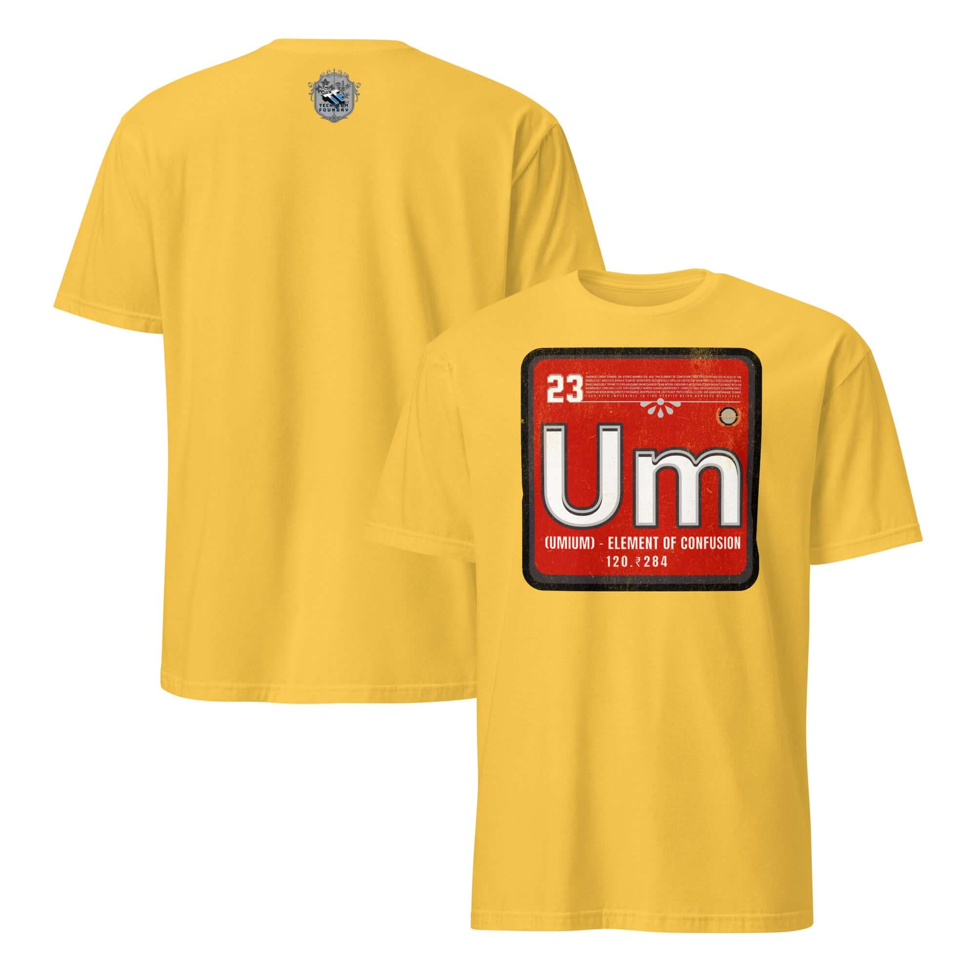 Umium Element T-Shirt with Periodic Table design, featuring the 'Element of Confusion' symbol, on a vibrant yellow fabric.
