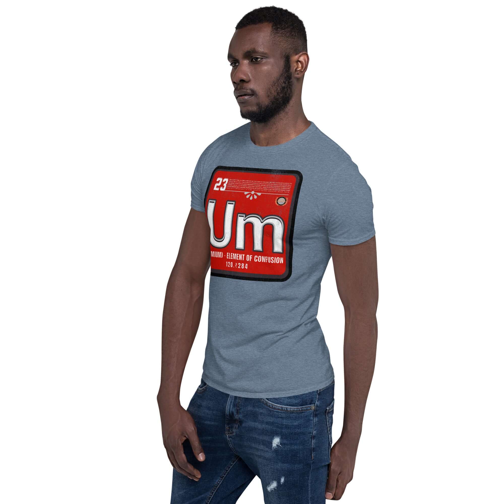 Man wearing Umium Element T-Shirt with Periodic Table of Confusion design, featuring a red background. Unique and humorous clothing.