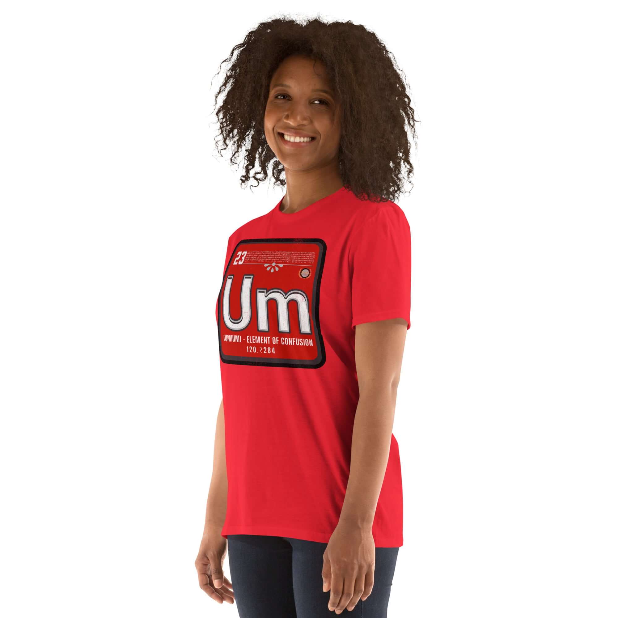 Woman wearing red "Umium Element of Confusion" t-shirt with periodic table design, quirky science-themed apparel.