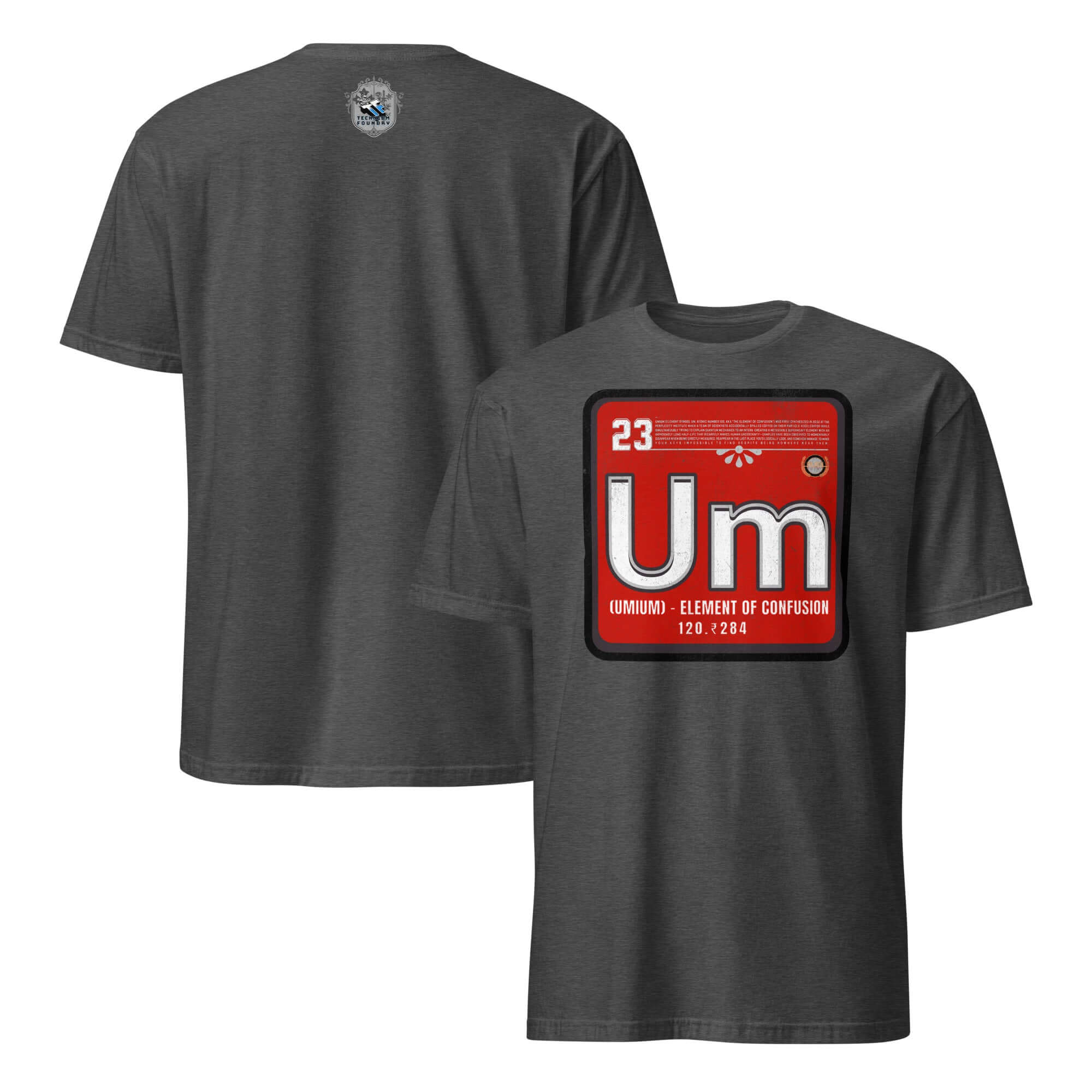 Umium Element T-Shirt featuring 'Element of Confusion' design, gray fabric, vibrant red periodic table-inspired print on back.