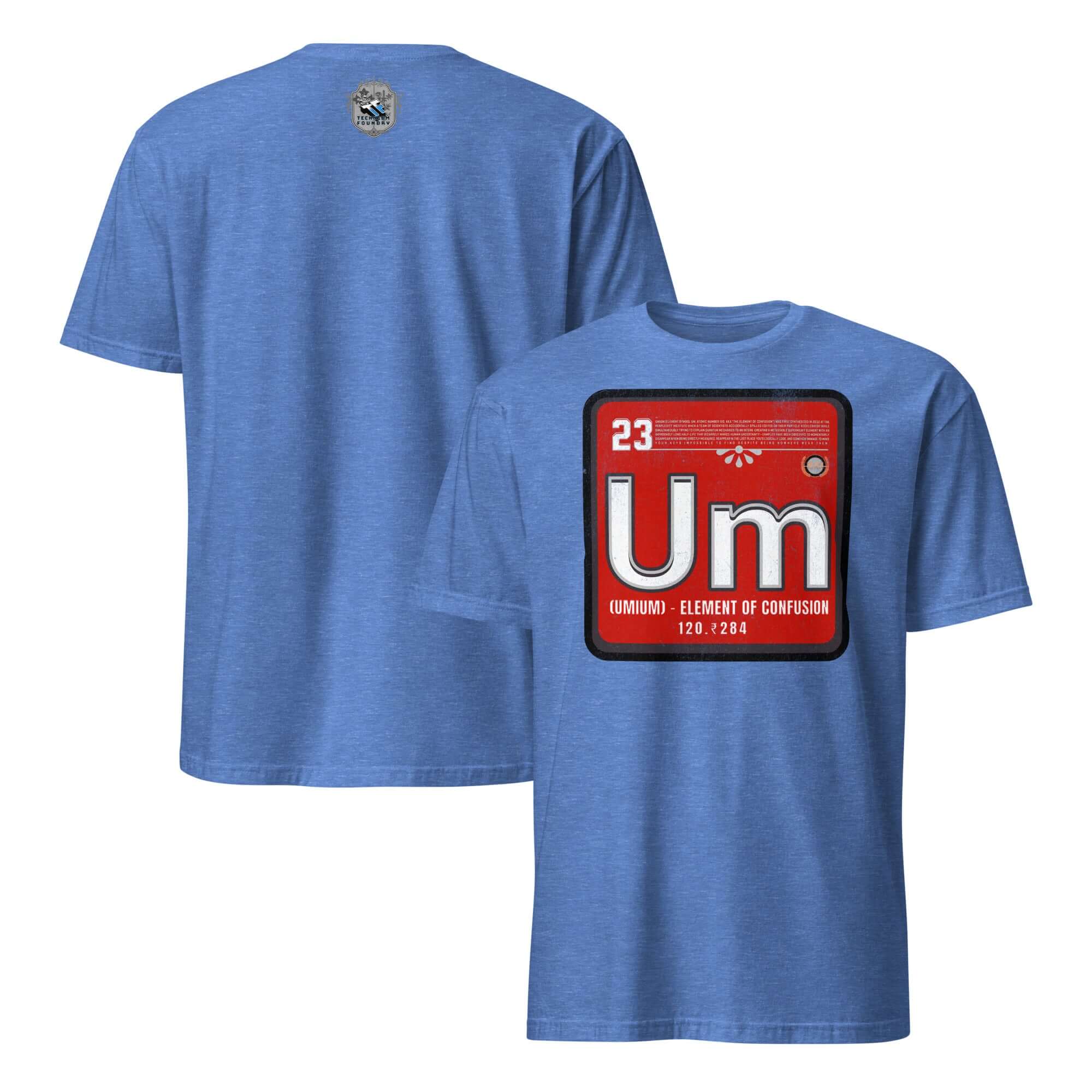 Blue Umium Element T-Shirt featuring the Periodic Table of Confusion design with Um symbol on a red background front and back view.